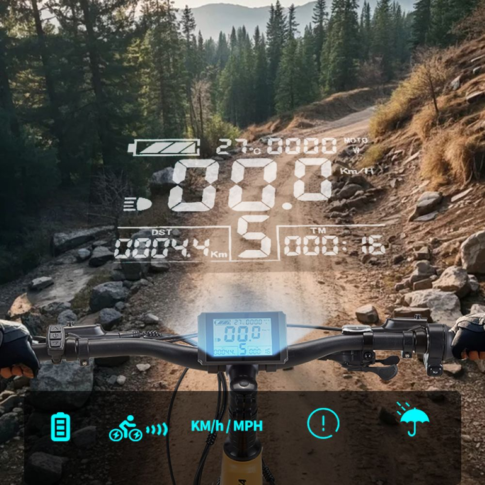 Display bici mostra velocità, distanza, temp, batteria su sentiero forestale.