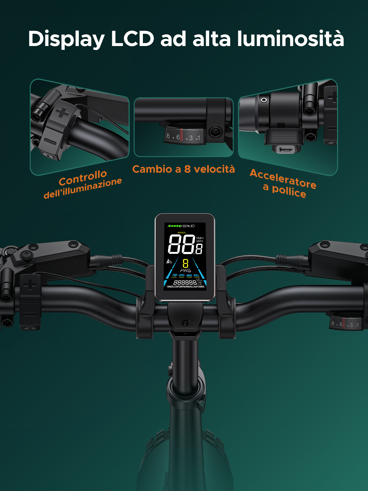 Manubrio e-bike con display LCD, cambio marce e acceleratore a pollice.