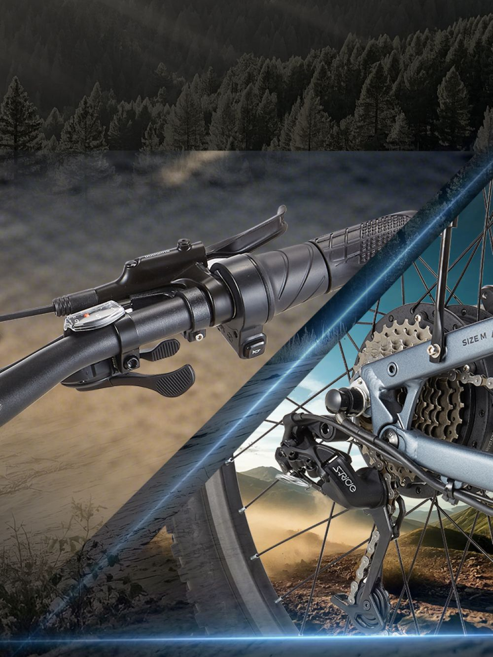 Primo piano del manubrio di una bicicletta con cambio e freni, foresta sullo sfondo.