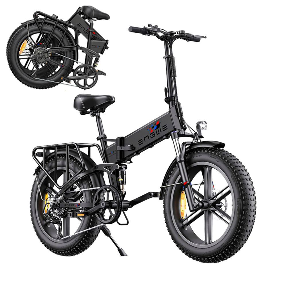 Una bici elettrica pieghevole nera con pneumatici grassi e portapacchi posteriore.