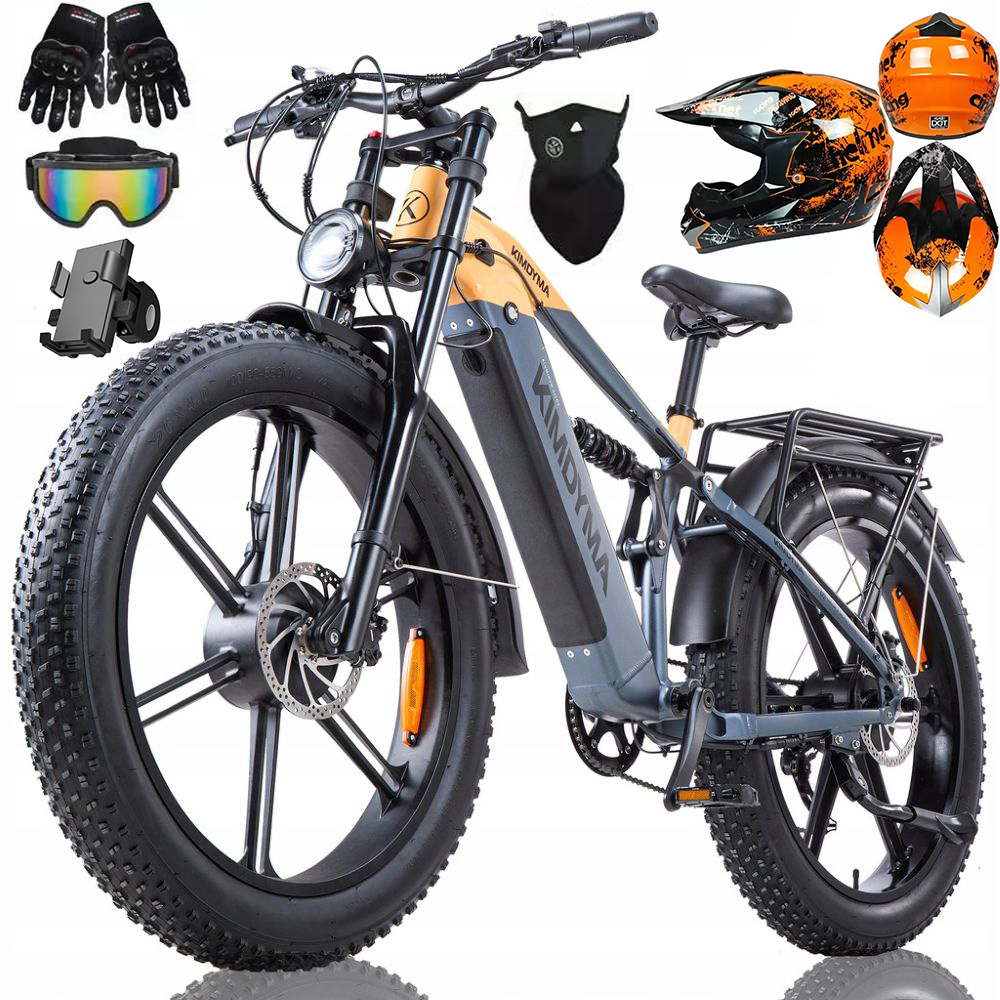 Bicicletta elettrica fat tire con accessori: guanti, occhiali, supporto telefono, maschera, caschi.