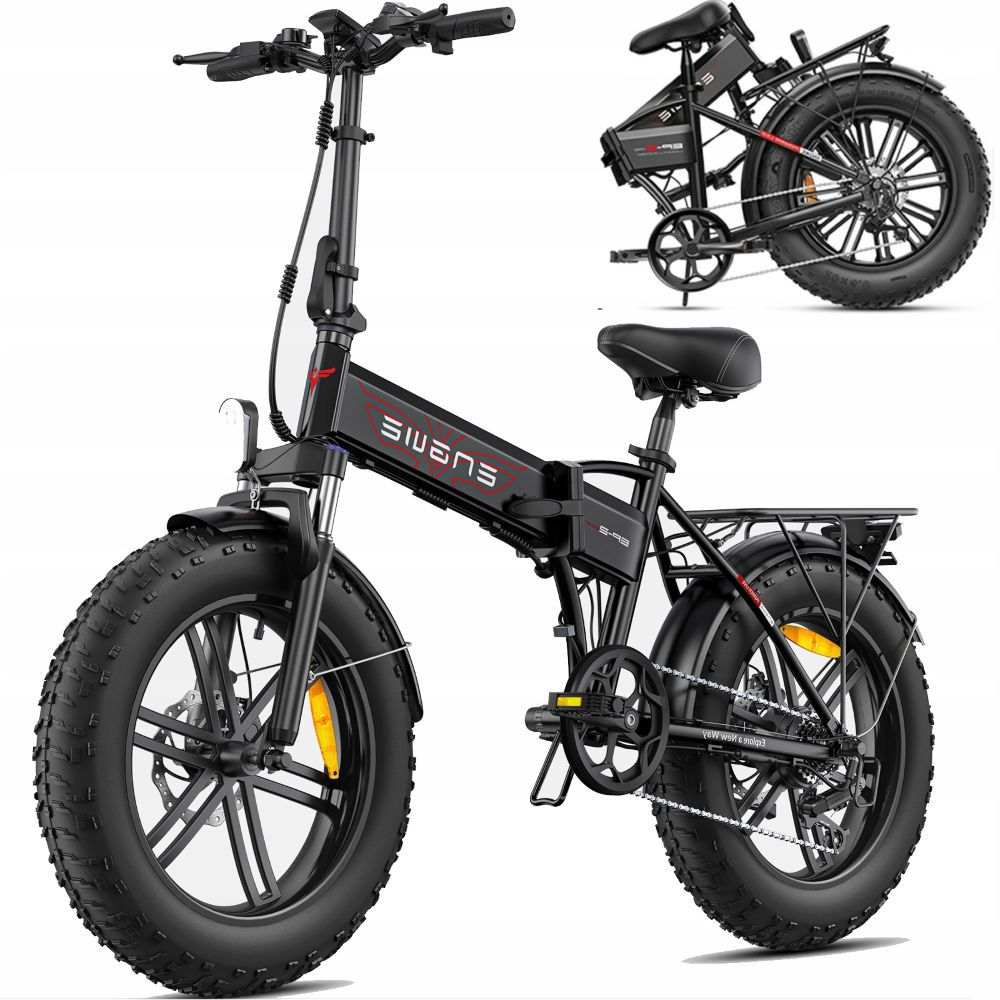 Una bici elettrica pieghevole nera con pneumatici larghi e portapacchi.