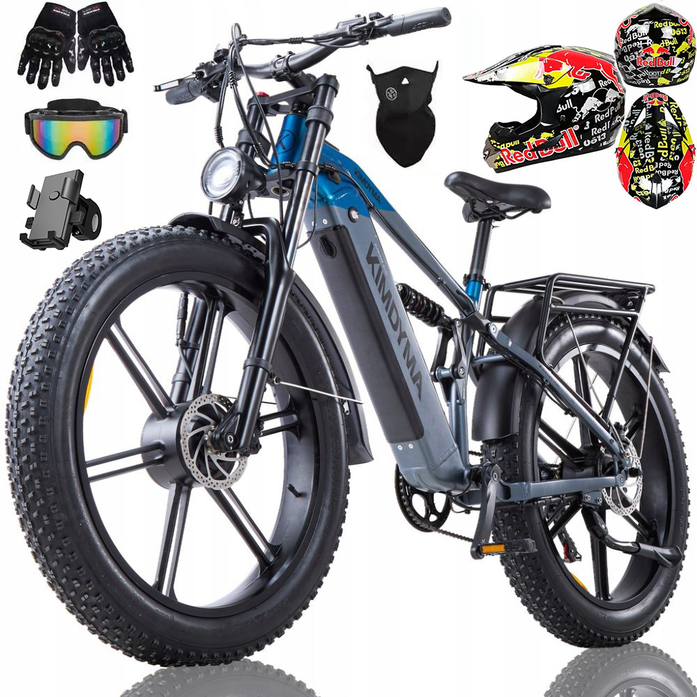 Una e-bike con accessori: casco, guanti e occhiali.