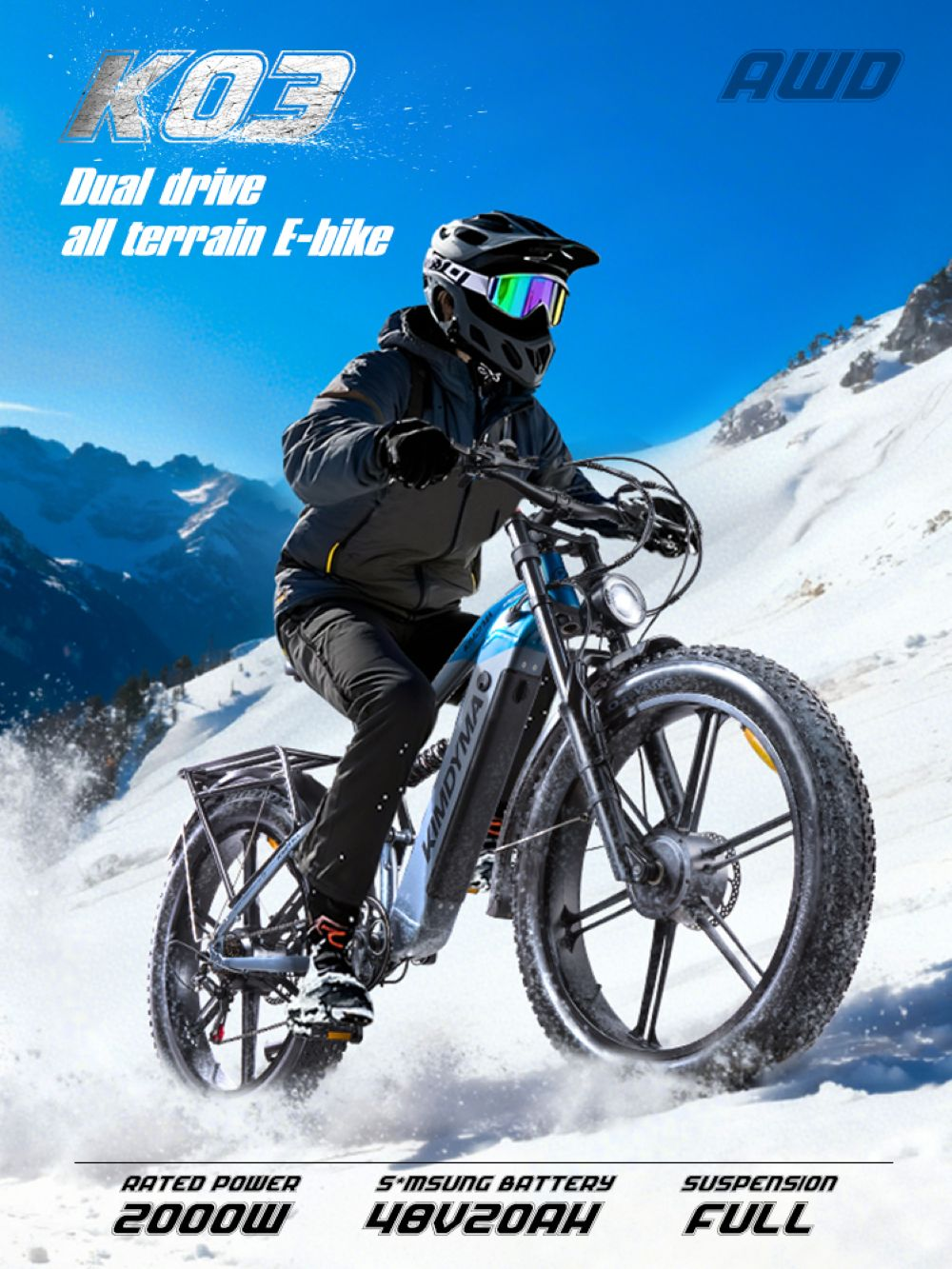 Ciclista su e-bike con pneumatici grassi cavalca sulla neve in montagna.