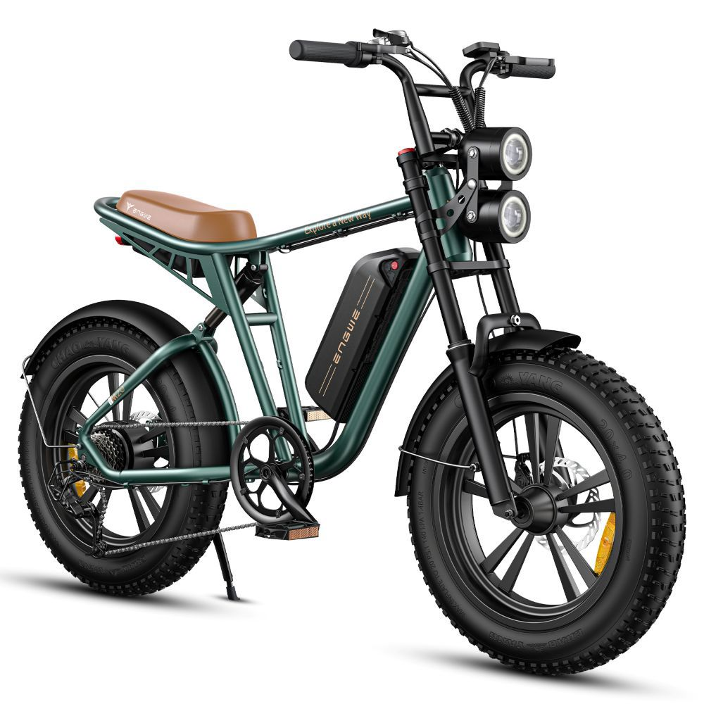 Una e-bike verde scuro con sella marrone, doppio faro e pneumatici larghi.