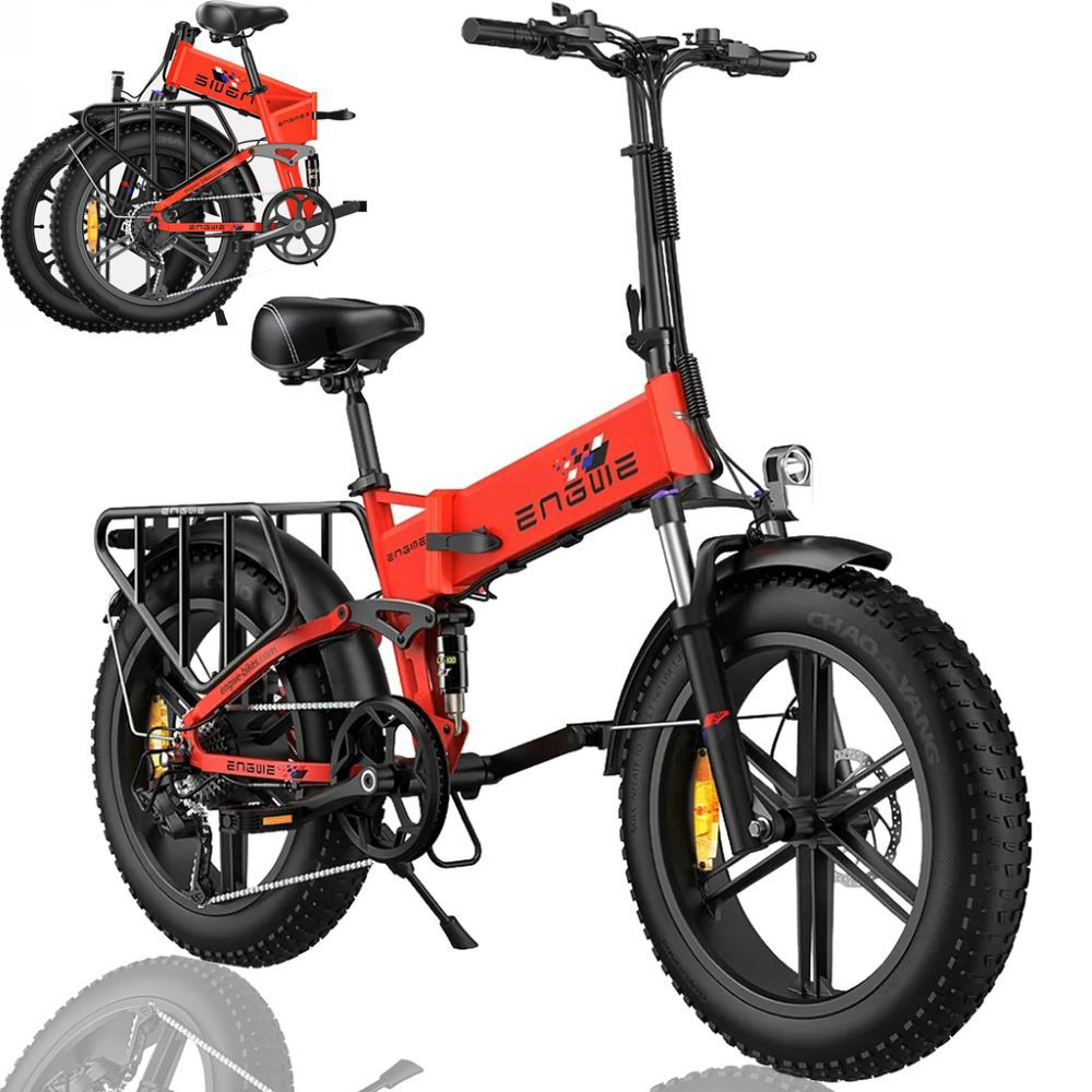 Una bici elettrica pieghevole rossa con ruote grasse e portapacchi.