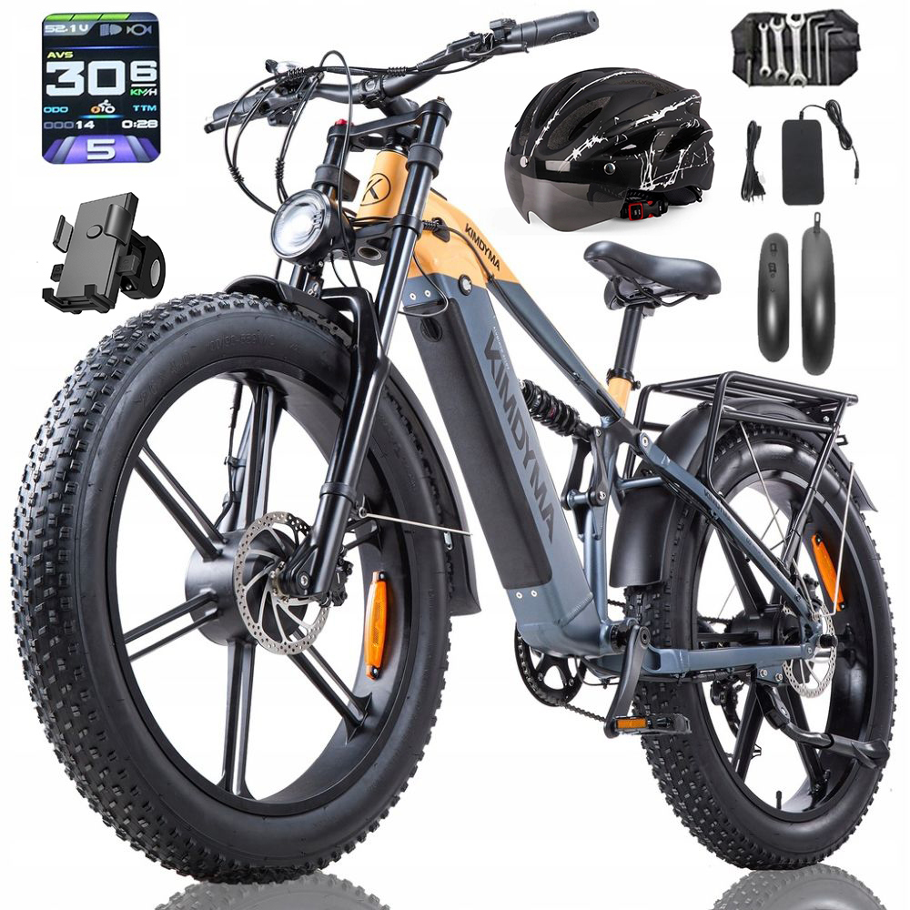 Una e-bike grigia con pneumatici larghi, casco, display, attrezzi e caricabatterie.