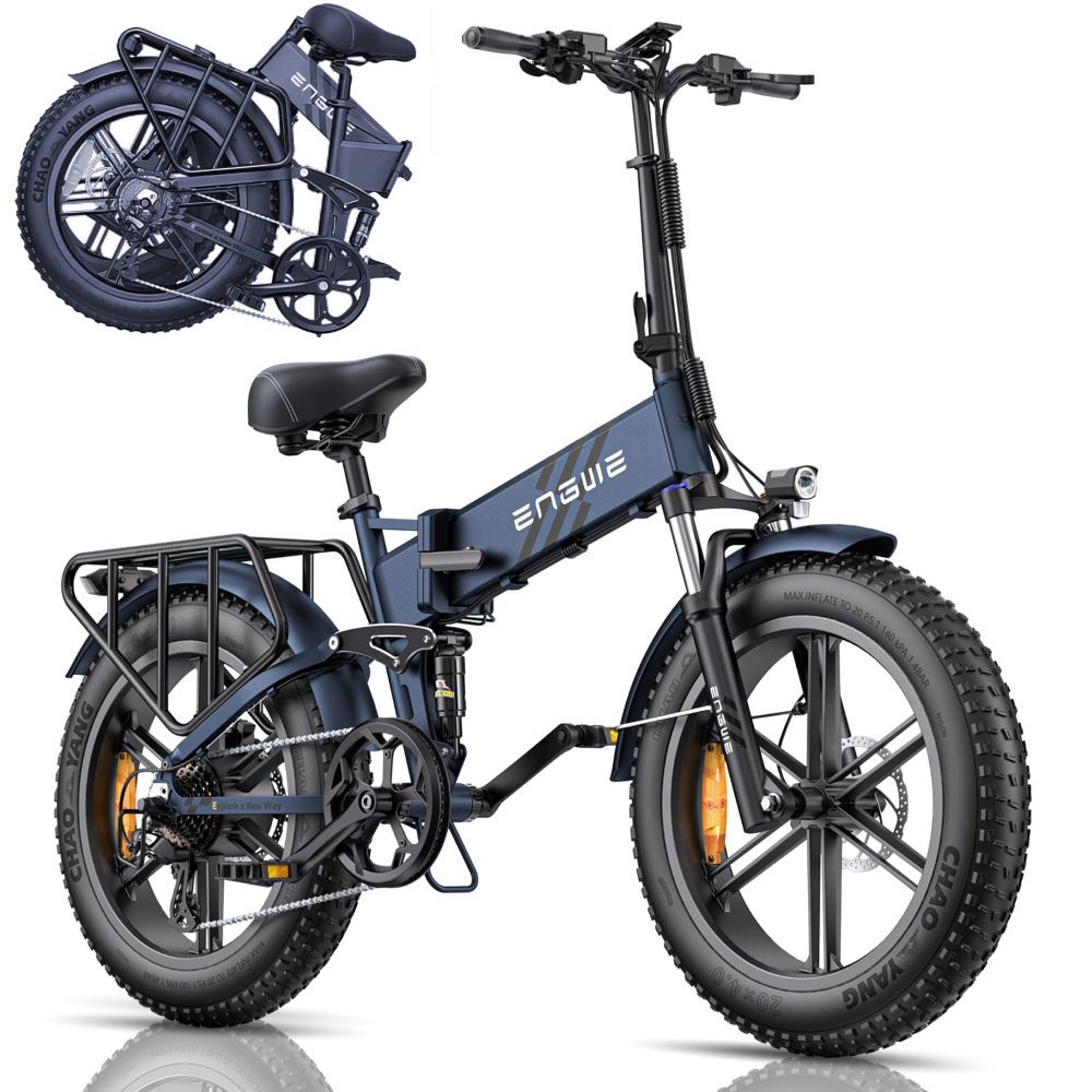 Una bicicletta elettrica blu pieghevole con pneumatici larghi e portapacchi.