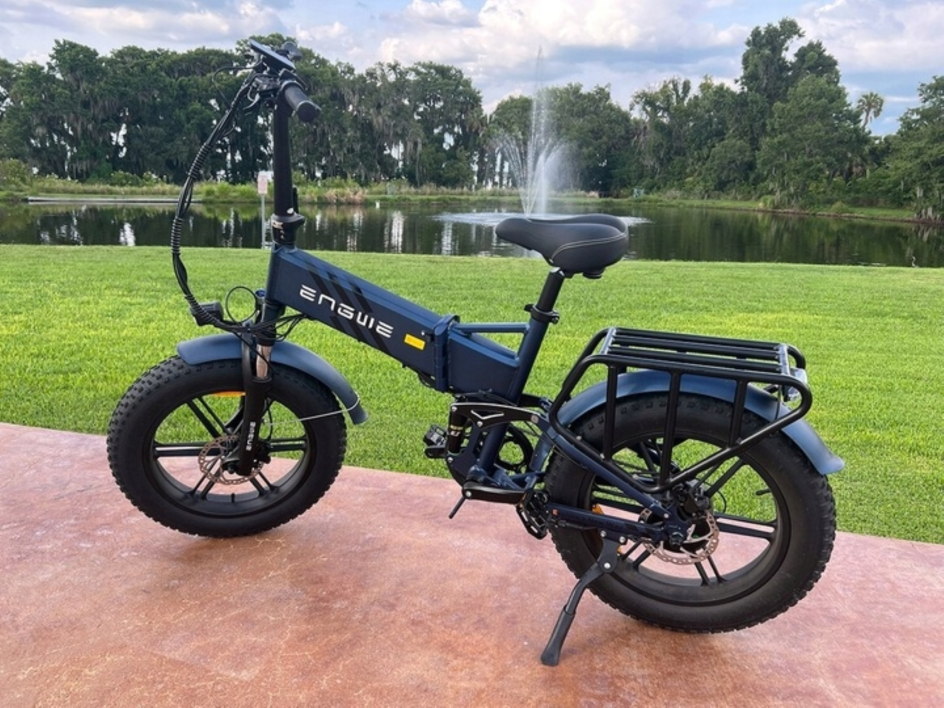 Una e-bike blu scuro con pneumatici grassi è parcheggiata su un'area pavimentata davanti a uno stagno.