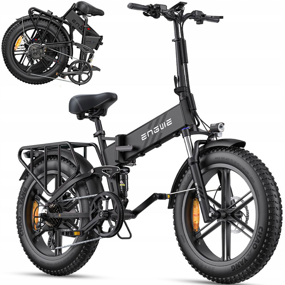 Una bici elettrica pieghevole nera con pneumatici larghi e portapacchi posteriore.