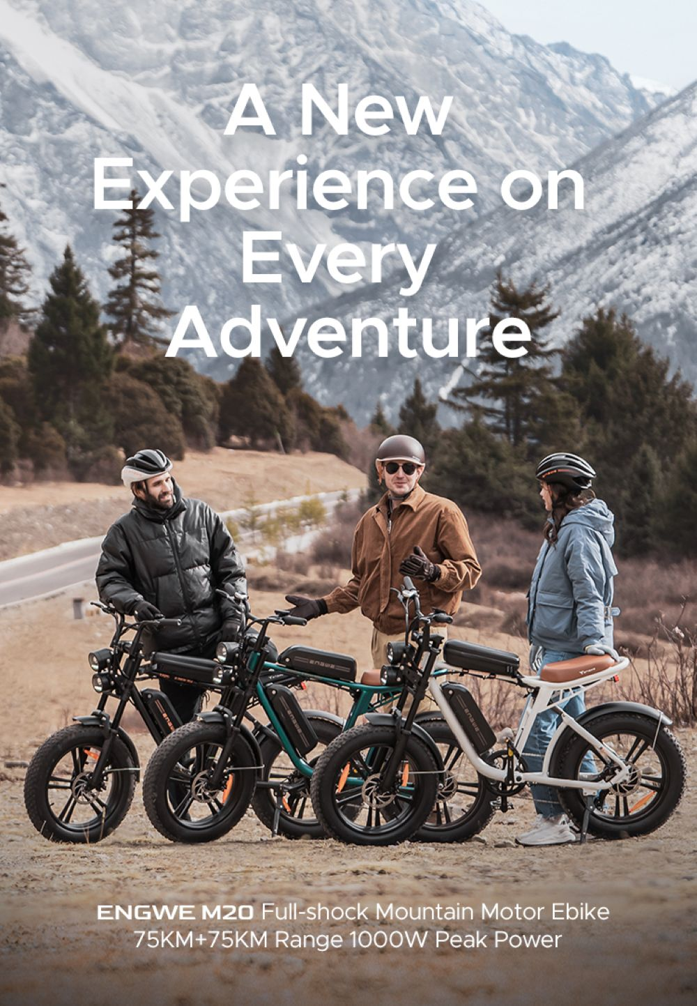 Tre persone con e-bike in un paesaggio montuoso. Testo: A New Experience on Every Adventure.