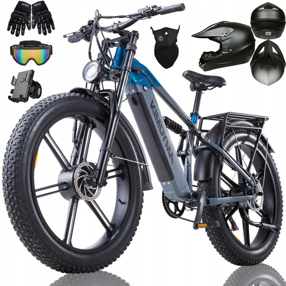 Una e-bike blu-grigia con pneumatici larghi, casco, guanti, occhiali e supporto telefono.