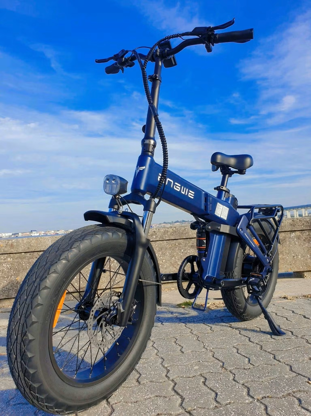 Una e-bike blu con pneumatici grassi si trova su un sentiero lastricato sotto un cielo blu.