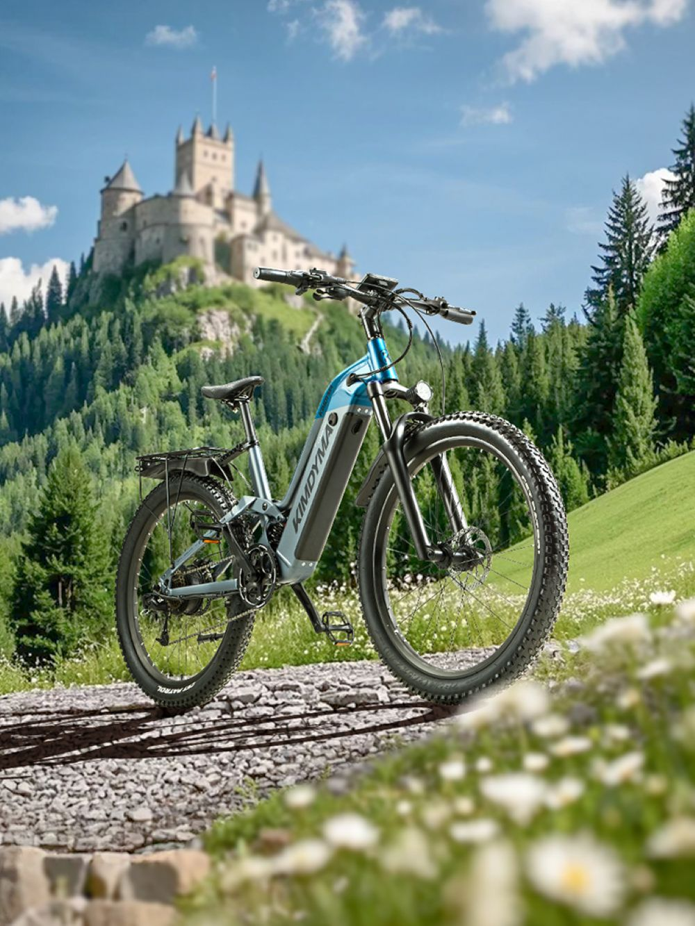 Una e-bike blu è su un sentiero di ghiaia davanti a un castello su una collina.