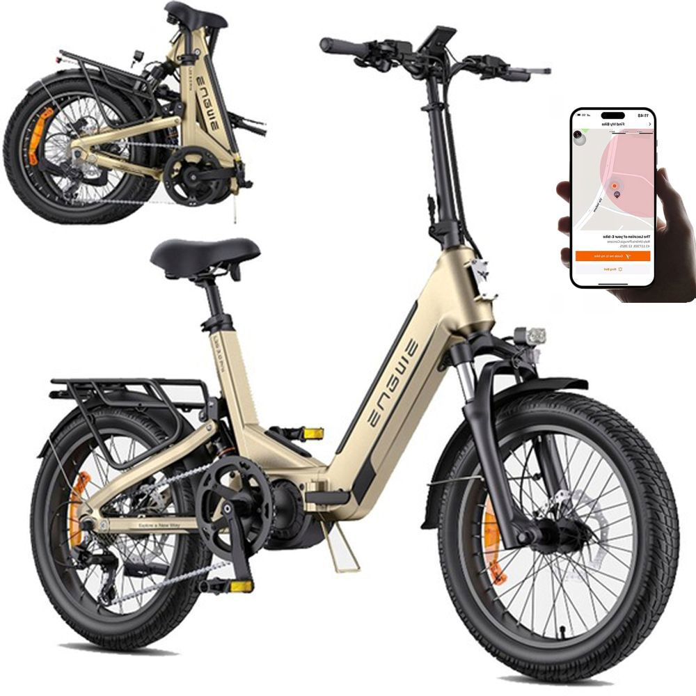 Una e-bike pieghevole dorata con pneumatici larghi, portapacchi e display app.