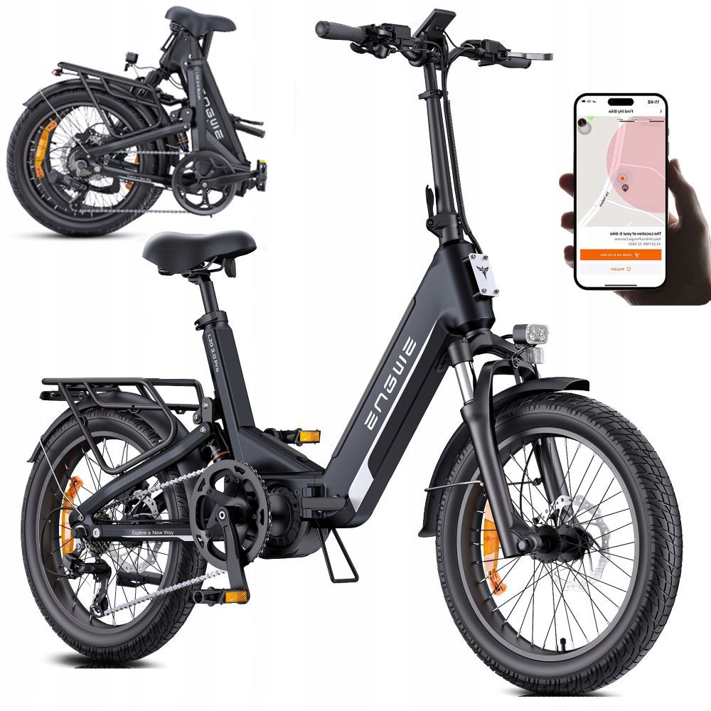 Una bici elettrica pieghevole nera con portapacchi e supporto per smartphone.