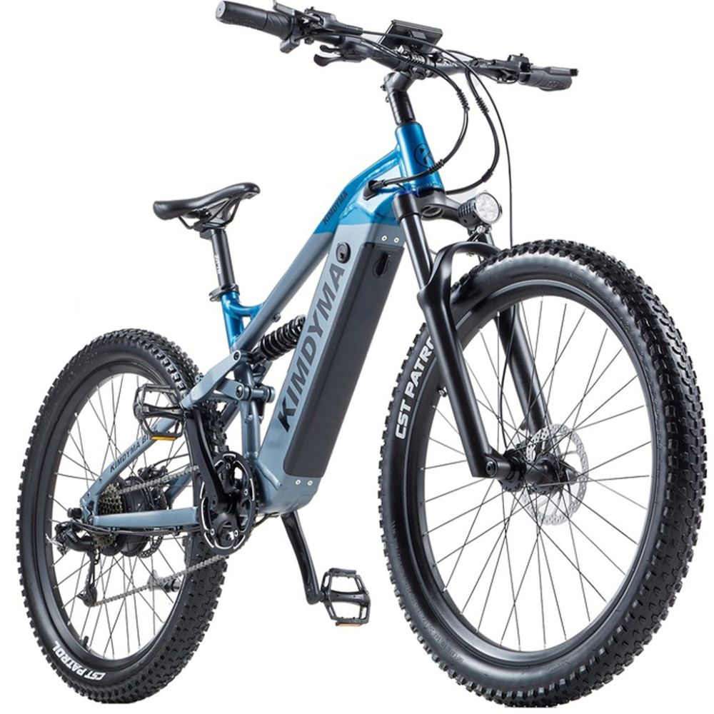 Una mountain bike elettrica blu e grigia con pneumatici larghi e sospensioni.