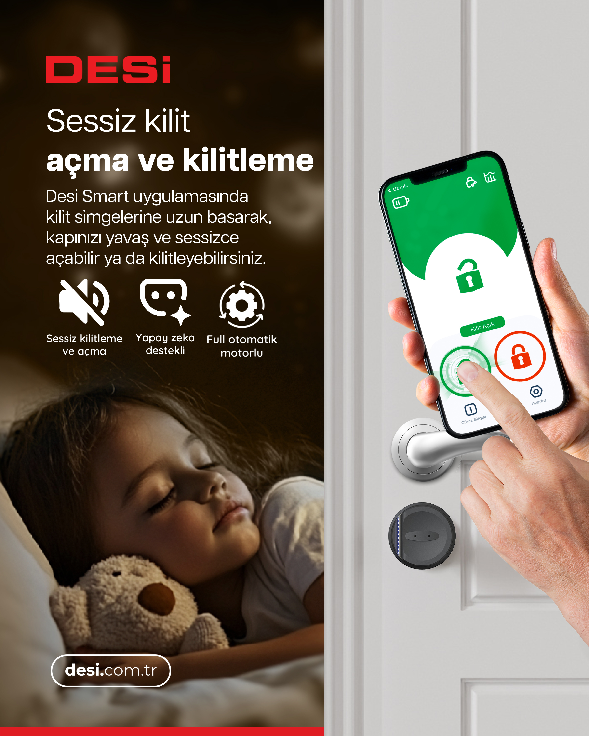 Telefon akıllı kilidi kontrol ediyor; çocuk uyuyor.