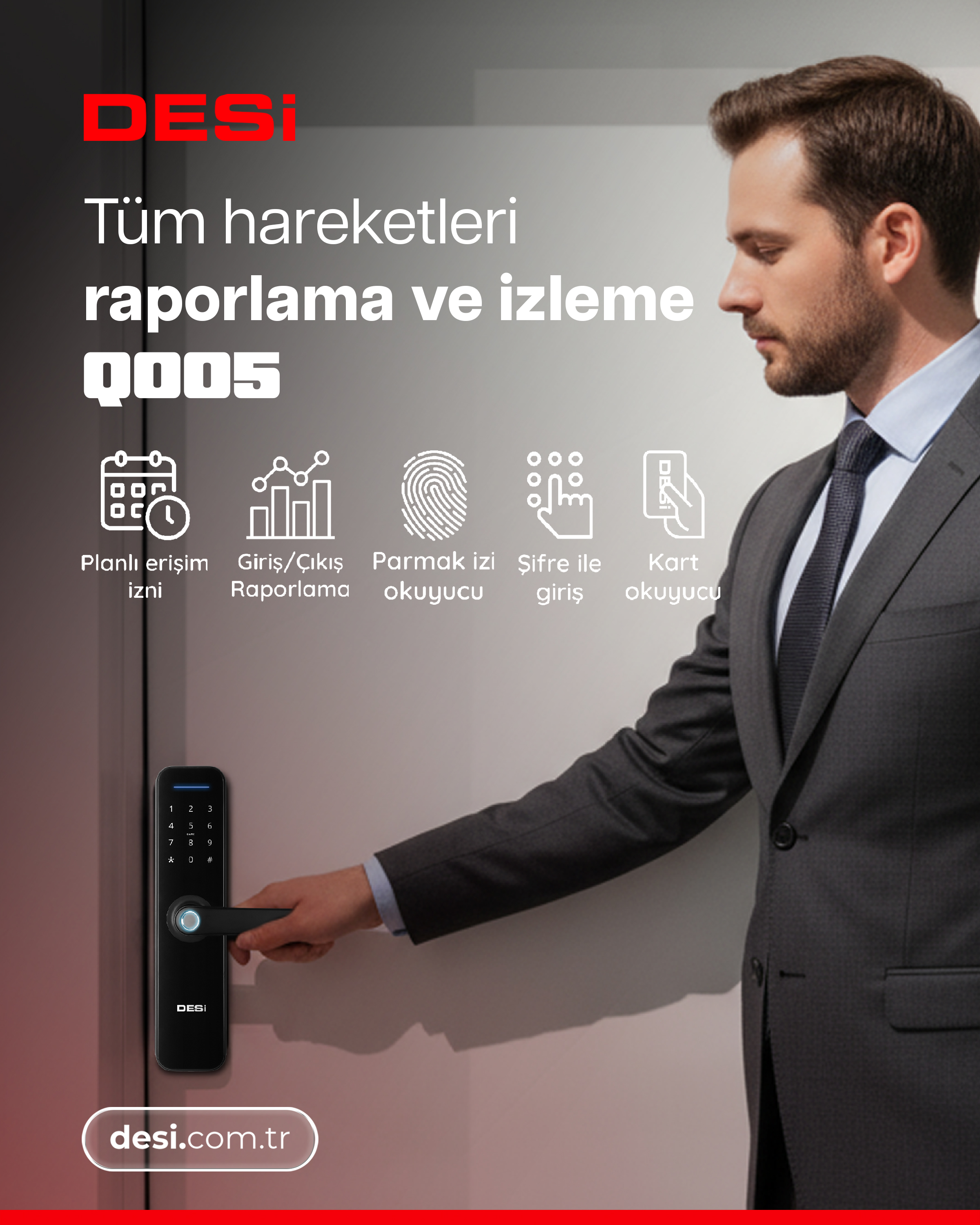 Koyu takım elbiseli adam dijital kilitli kapıyı açıyor. Fonksiyon ikonları.