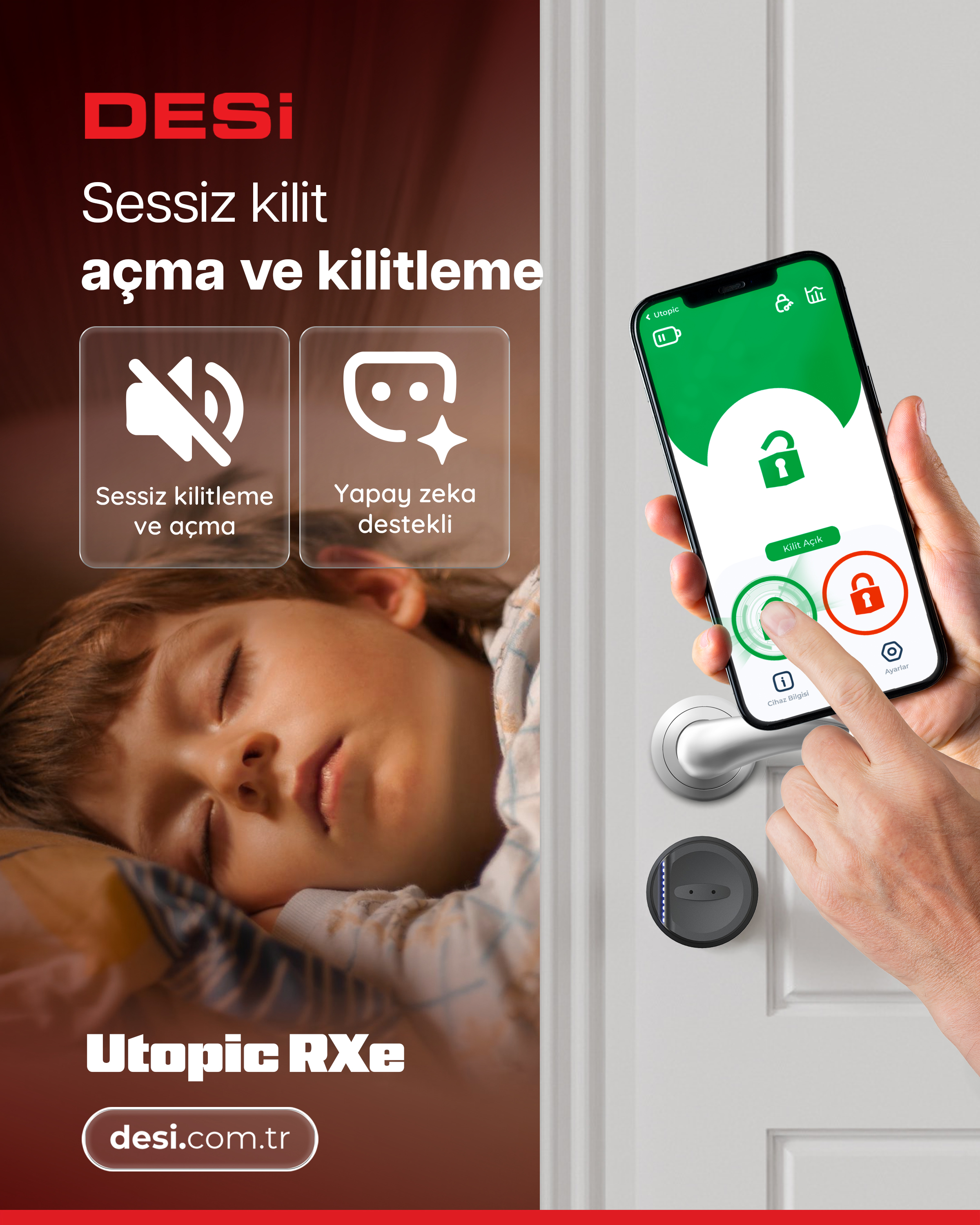 Bir çocuk uyurken telefon kapı kilidi uygulamasını gösteriyor.