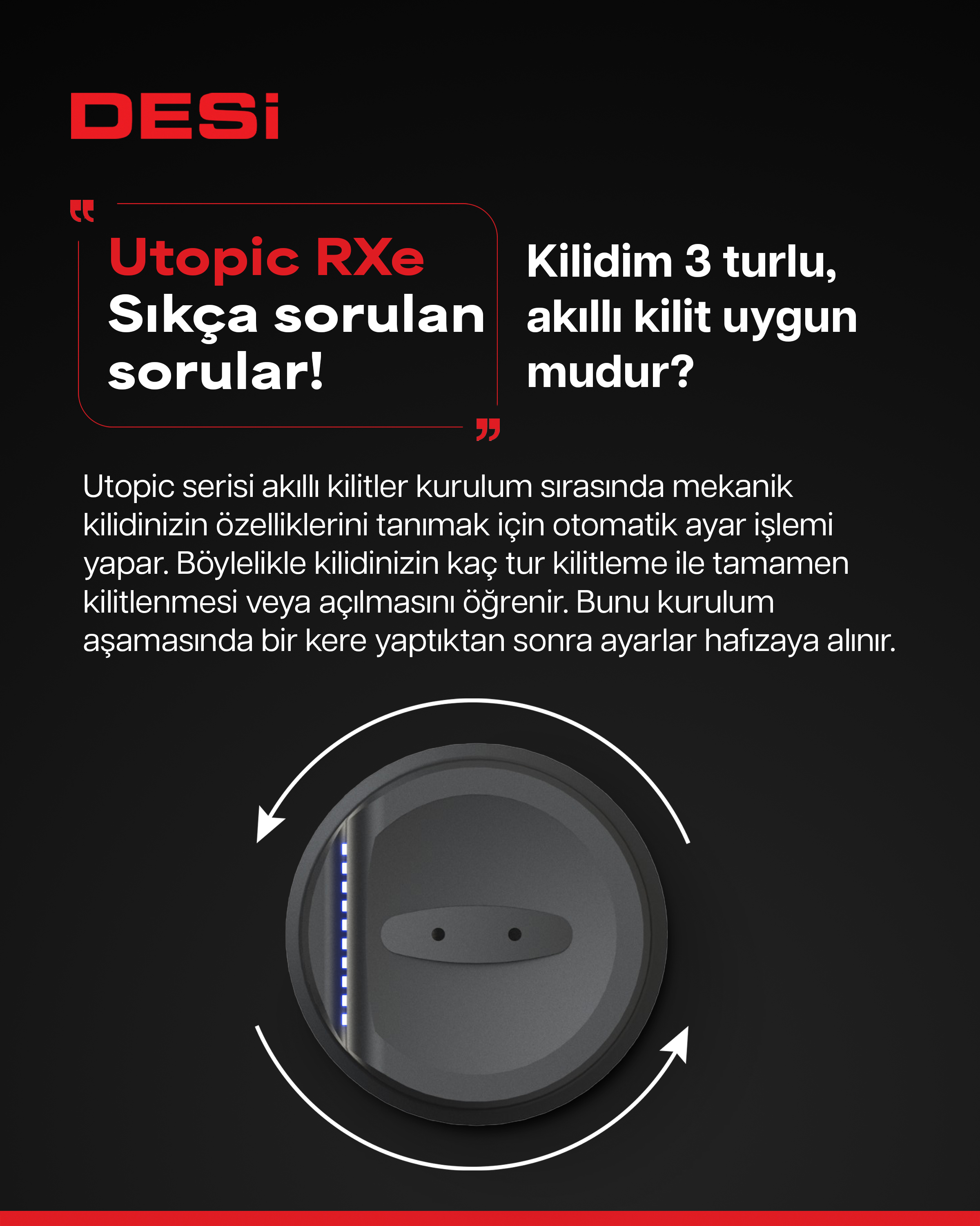Dönüşü gösteren mavi ışıklı ve okli gri akıllı kilit silindiri.