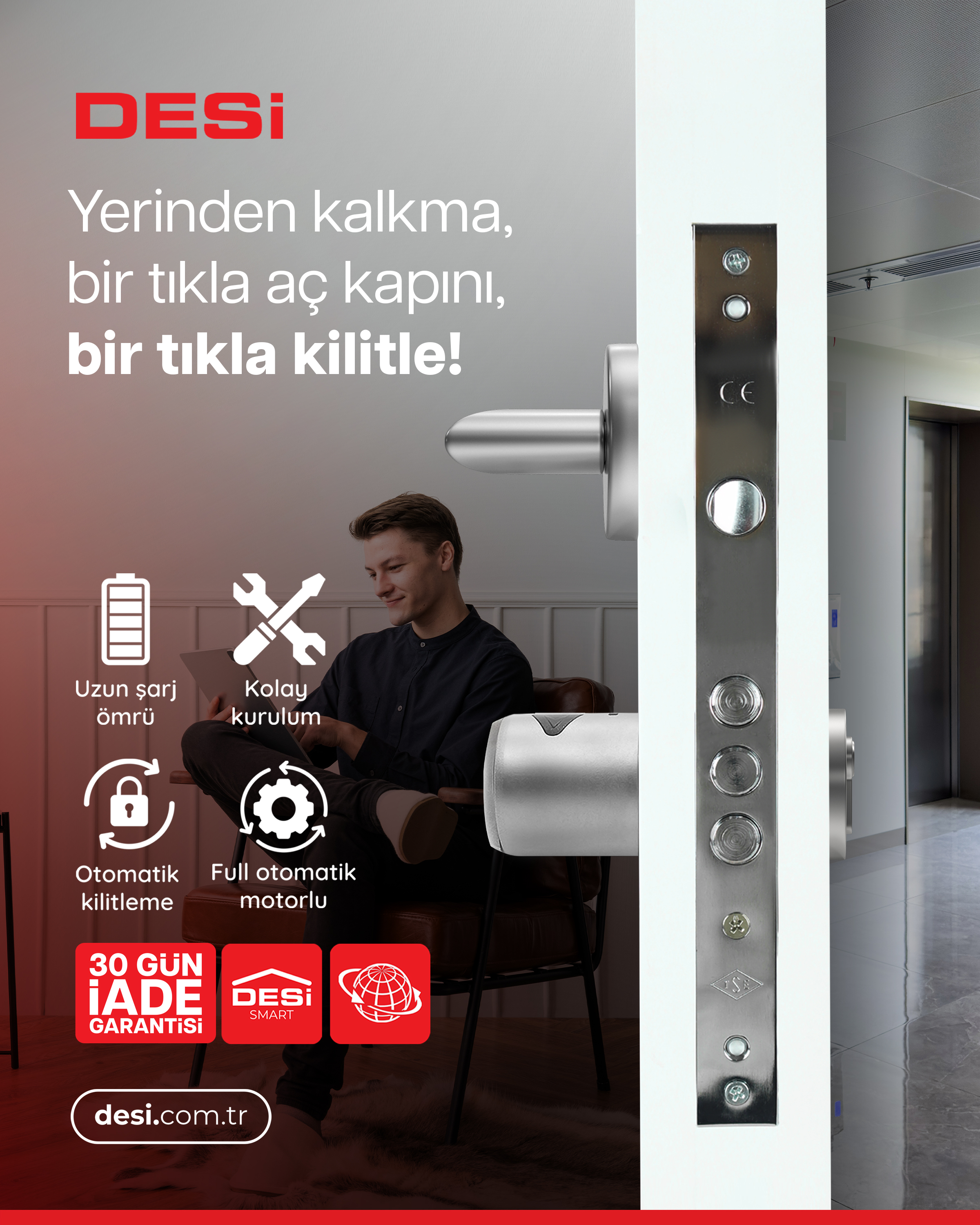 DESI kapı kilitlerinin bir erkek, özellikler ve kilit detayı içeren reklamı.