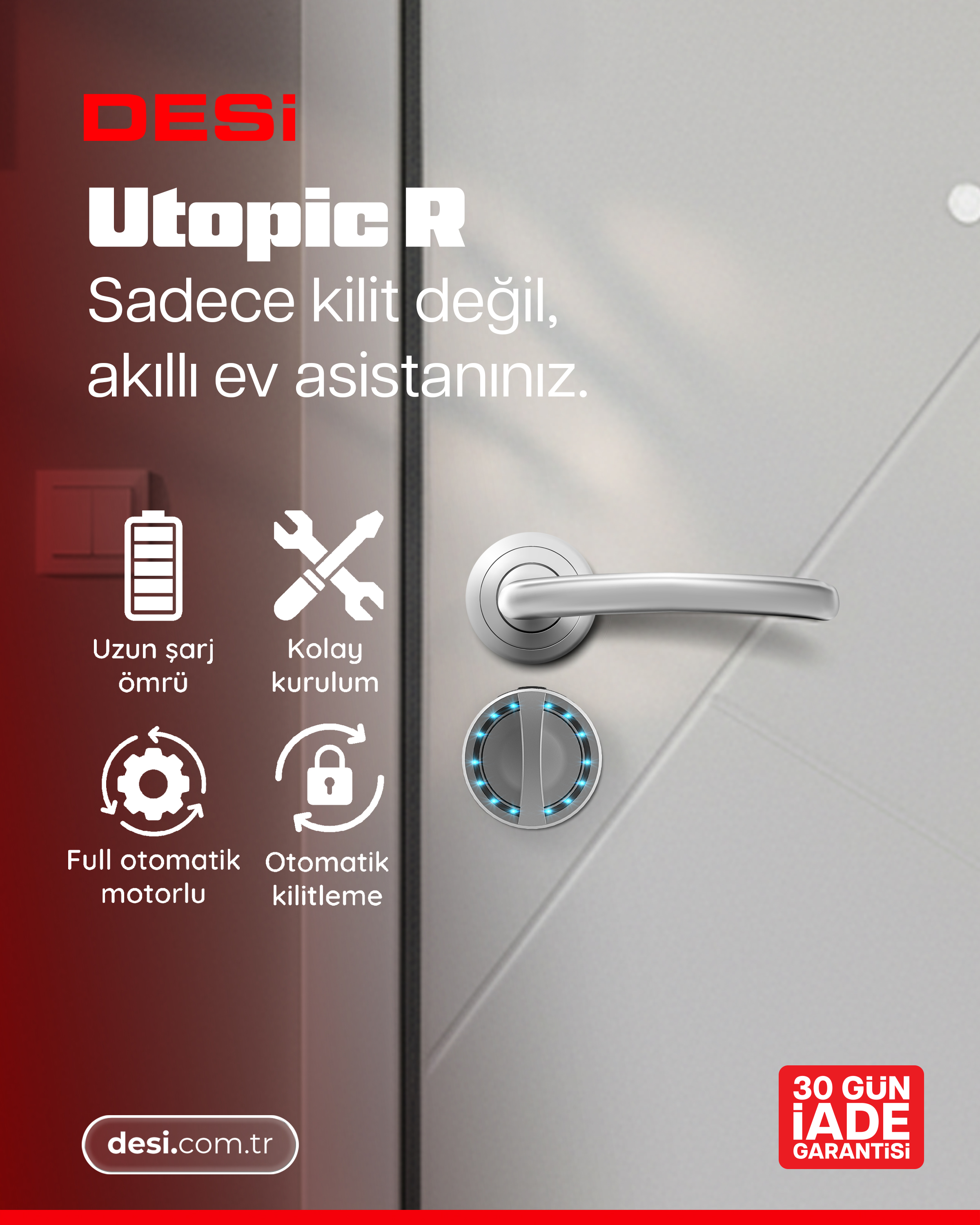 Utopic R kapı kilidi, rozet ve dijital tuş takımı, pil, alet, dişli ve kilit ikonları ile.