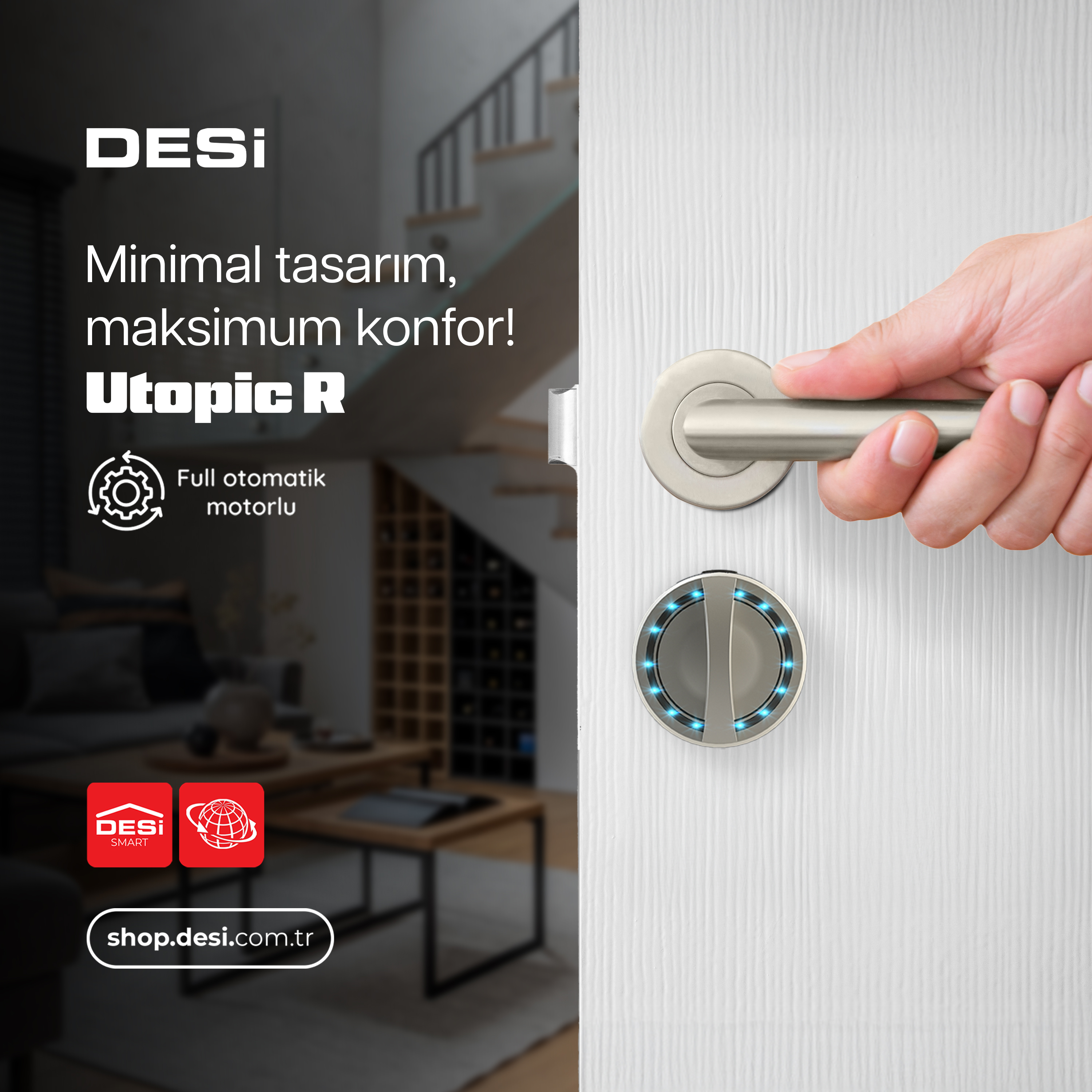 Bir el, gümüş kulp ve dijital kilitli beyaz bir kapıyı açıyor.