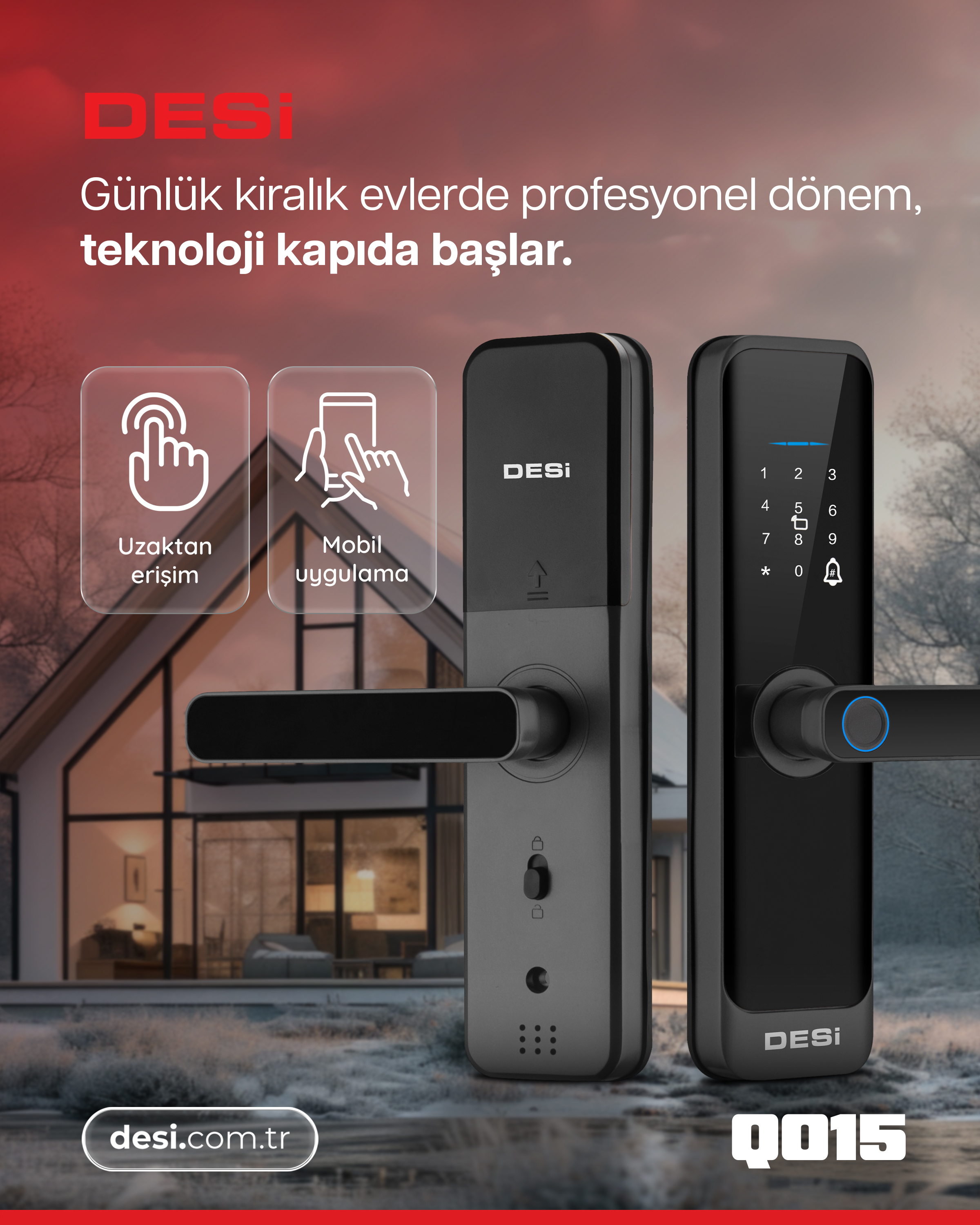 Modern kapı kilitleri, tuş takımı ve parmak izi sensörü, evin önünde.