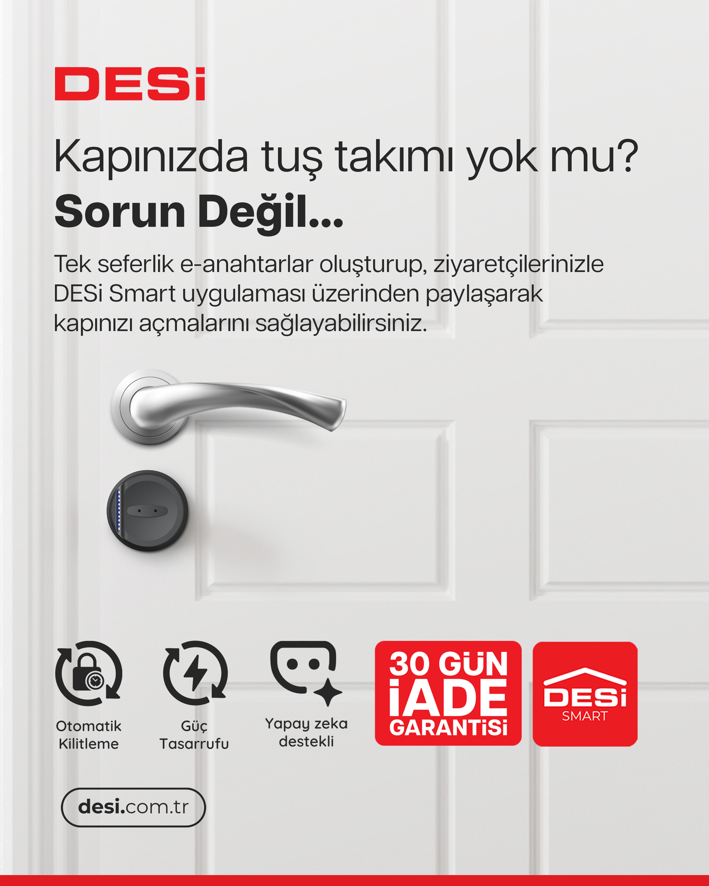 DESI Smart kapı kilidi, gümüş kulp ve uygulama özellikleri.