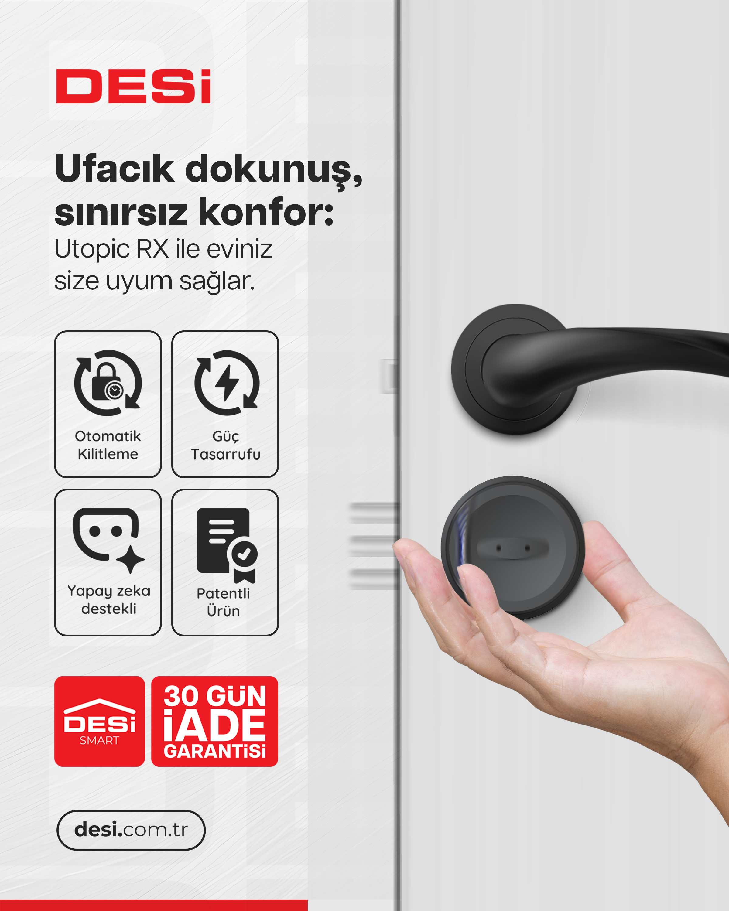 Bir el siyah kapı kolunu tutuyor. Simgeler özellikleri gösterir.