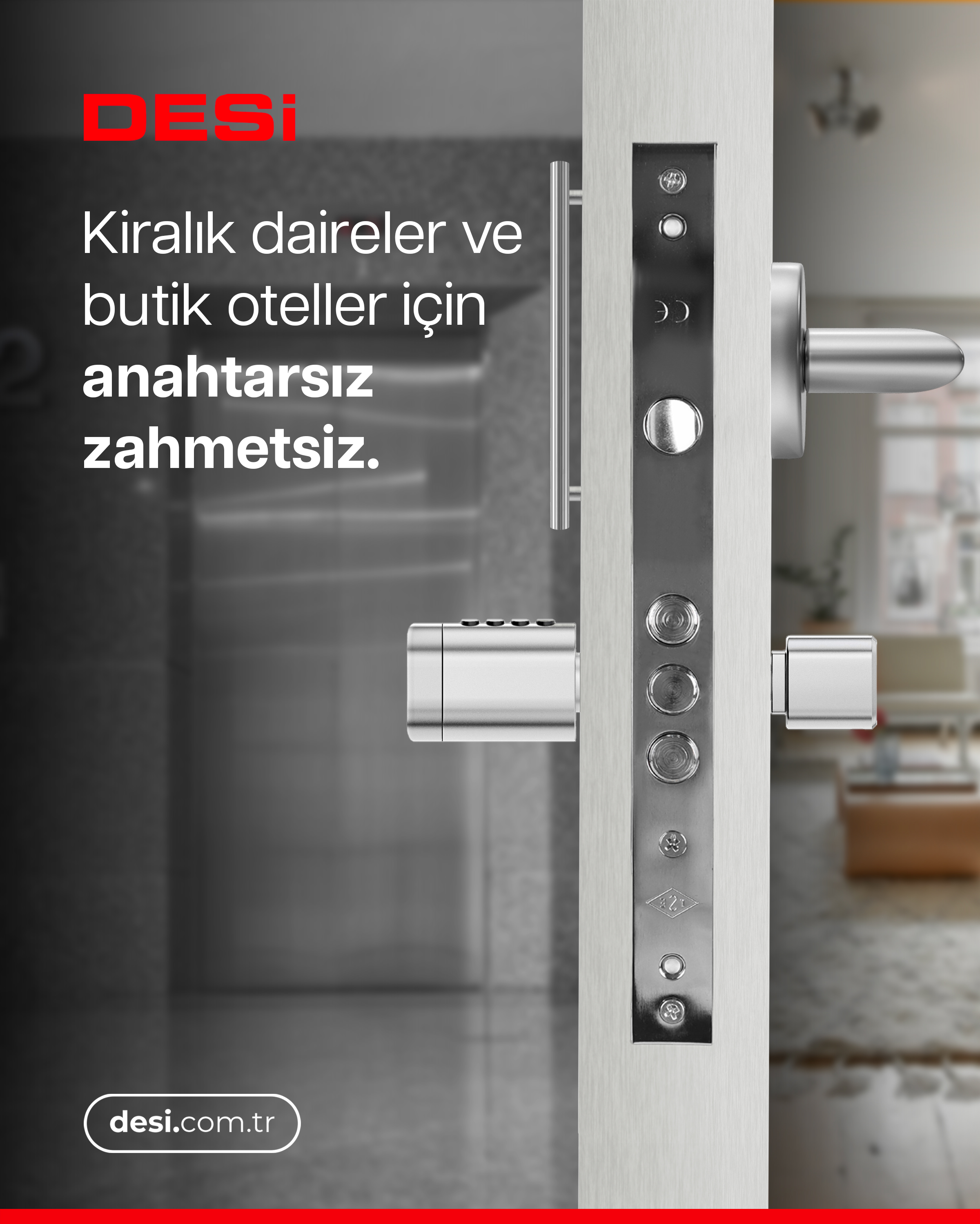 Dijital kilitli modern kapı kolu ve anahtarsız yaşam hakkında metin.