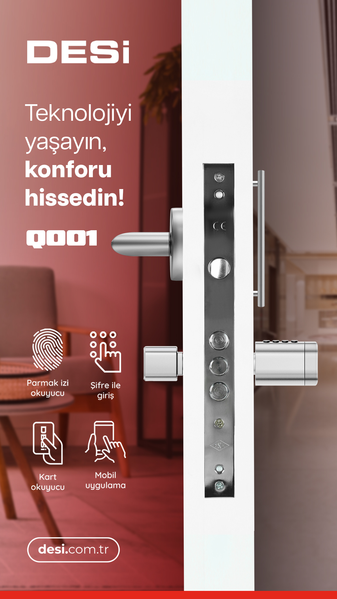 DESI Q001 kapı kilidi parmak izi, kart ve uygulama erişimi.
