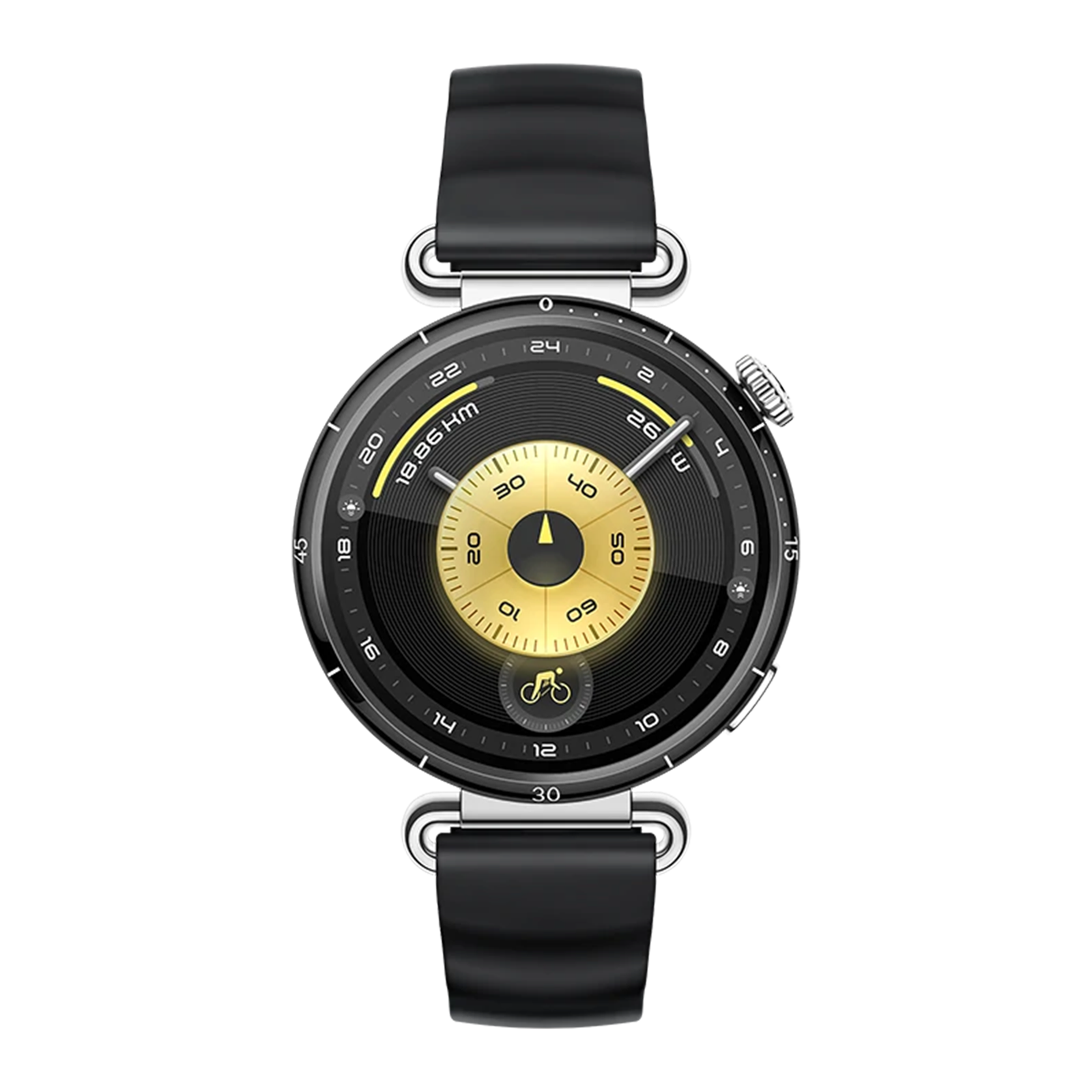 Een zwarte smartwatch met gouden wijzerplaat en zilveren accenten. Digitaal display.