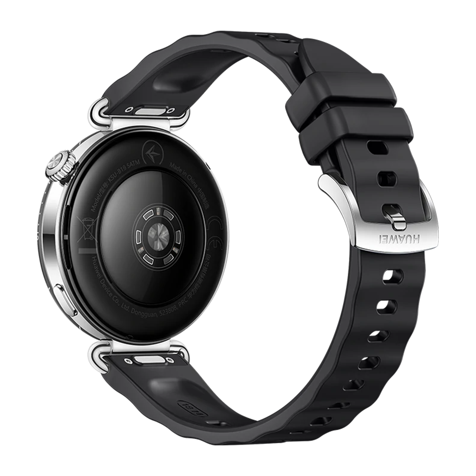Achterkant van een zwarte smartwatch met zilveren behuizing en band.