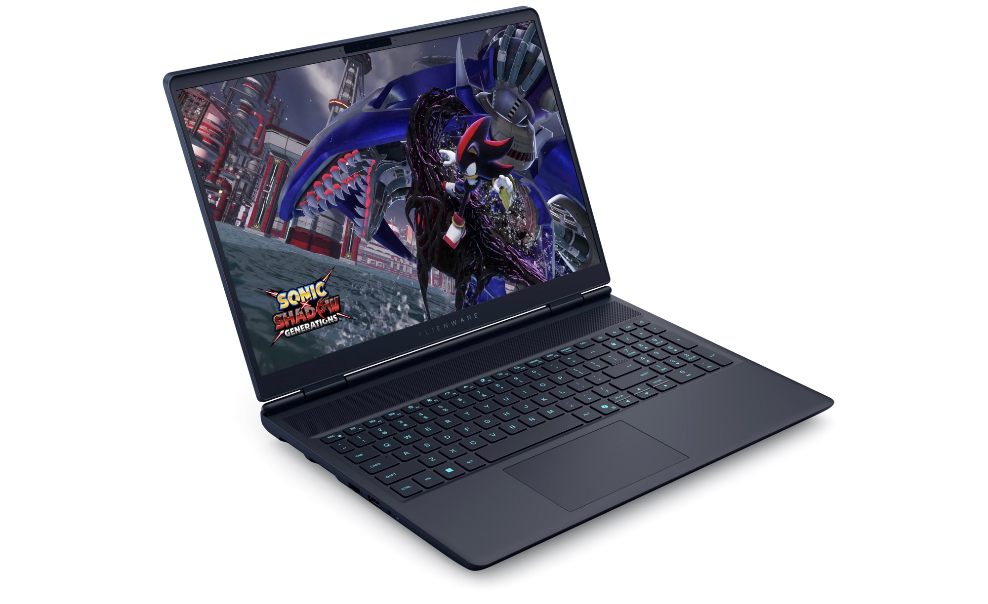 Bir Alienware dizüstü bilgisayar, mavi bir yaratıkla Sonic Shadow Generations oyununu gösteriyor.
