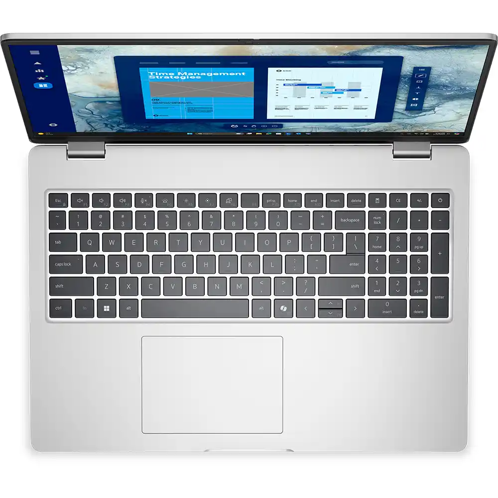 Gümüş laptop açık, klavye ve ekran gösteriyor 