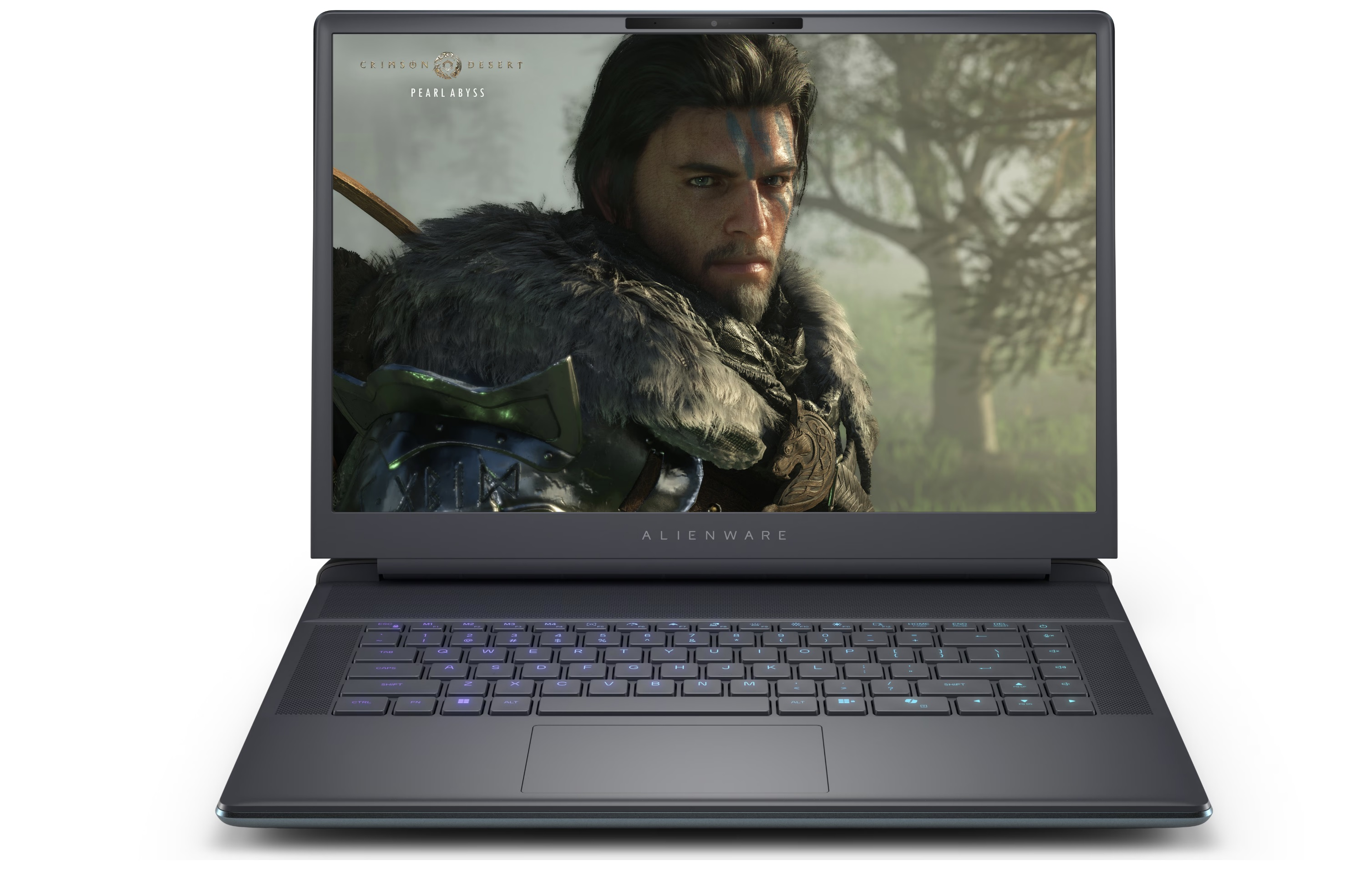 Alienware dizüstü bilgisayar, kürk ceketli ve zırhlı adam içeren oyun gösteriyor.