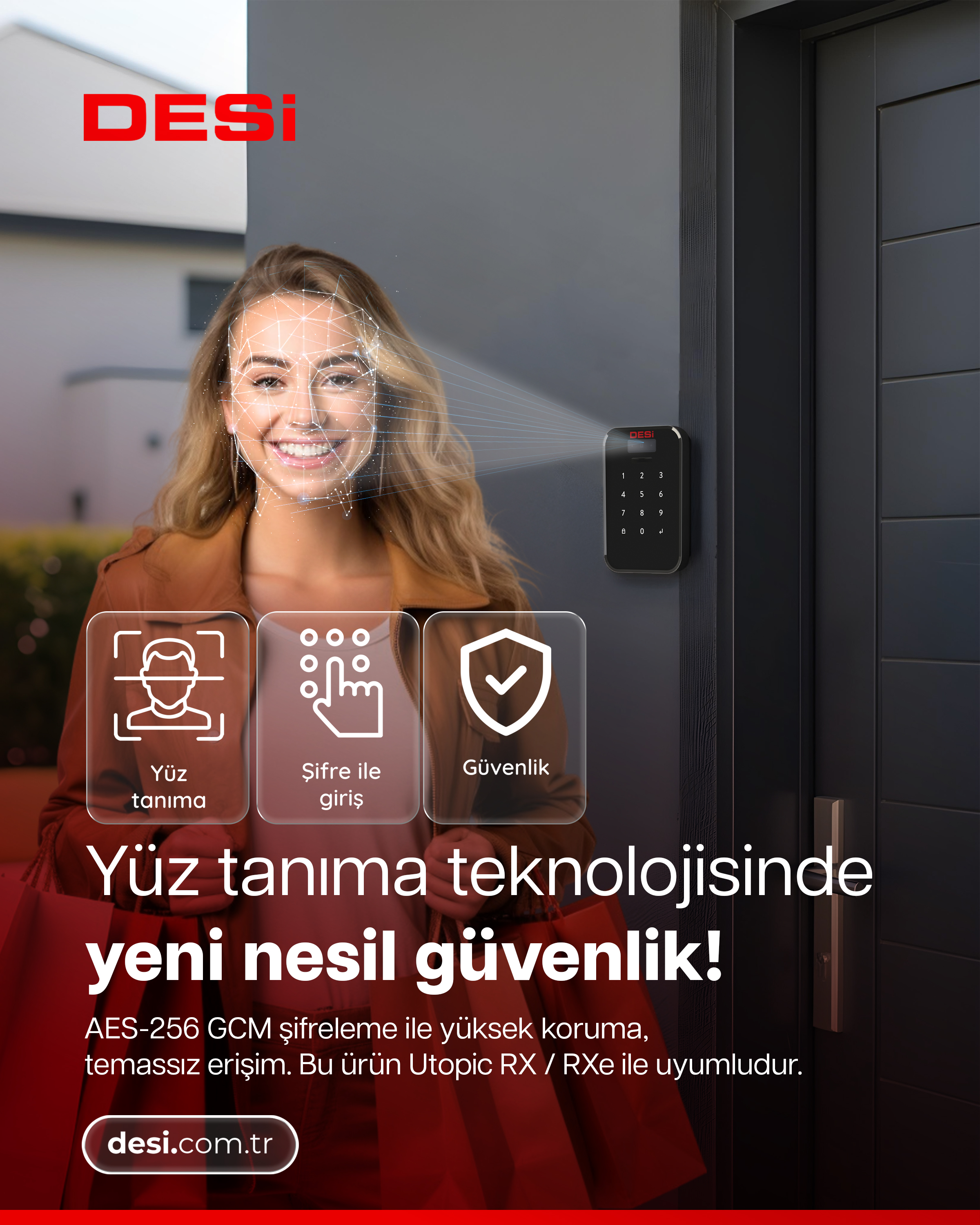 Bir kadın gülümserken yüz tanıma sistemi yüzünü tarıyor. Bir tuş takımı görünüyor.