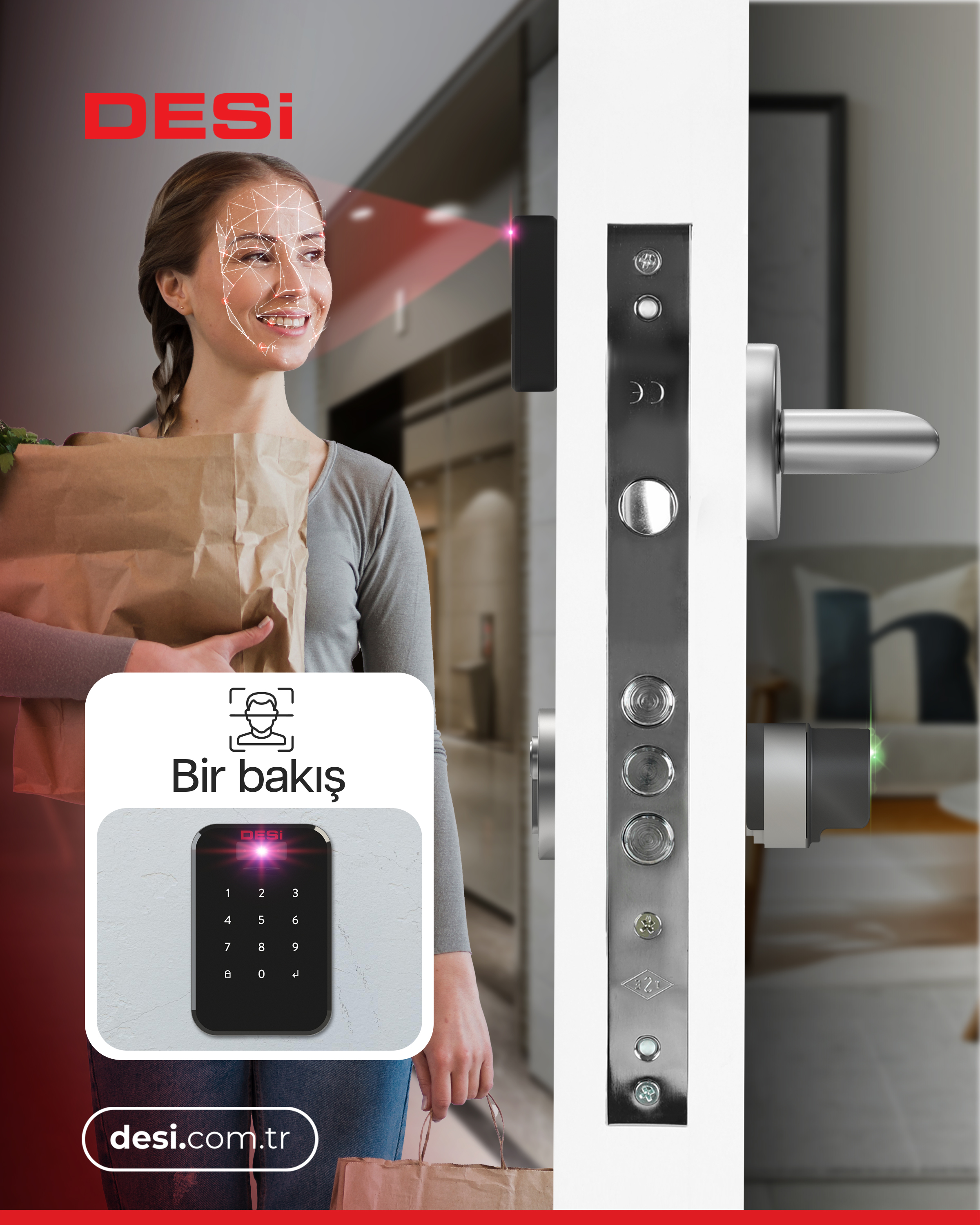 Bir kadın, kağıt torbayla alışveriş yaparken yüz tanıma ile taranıyor.