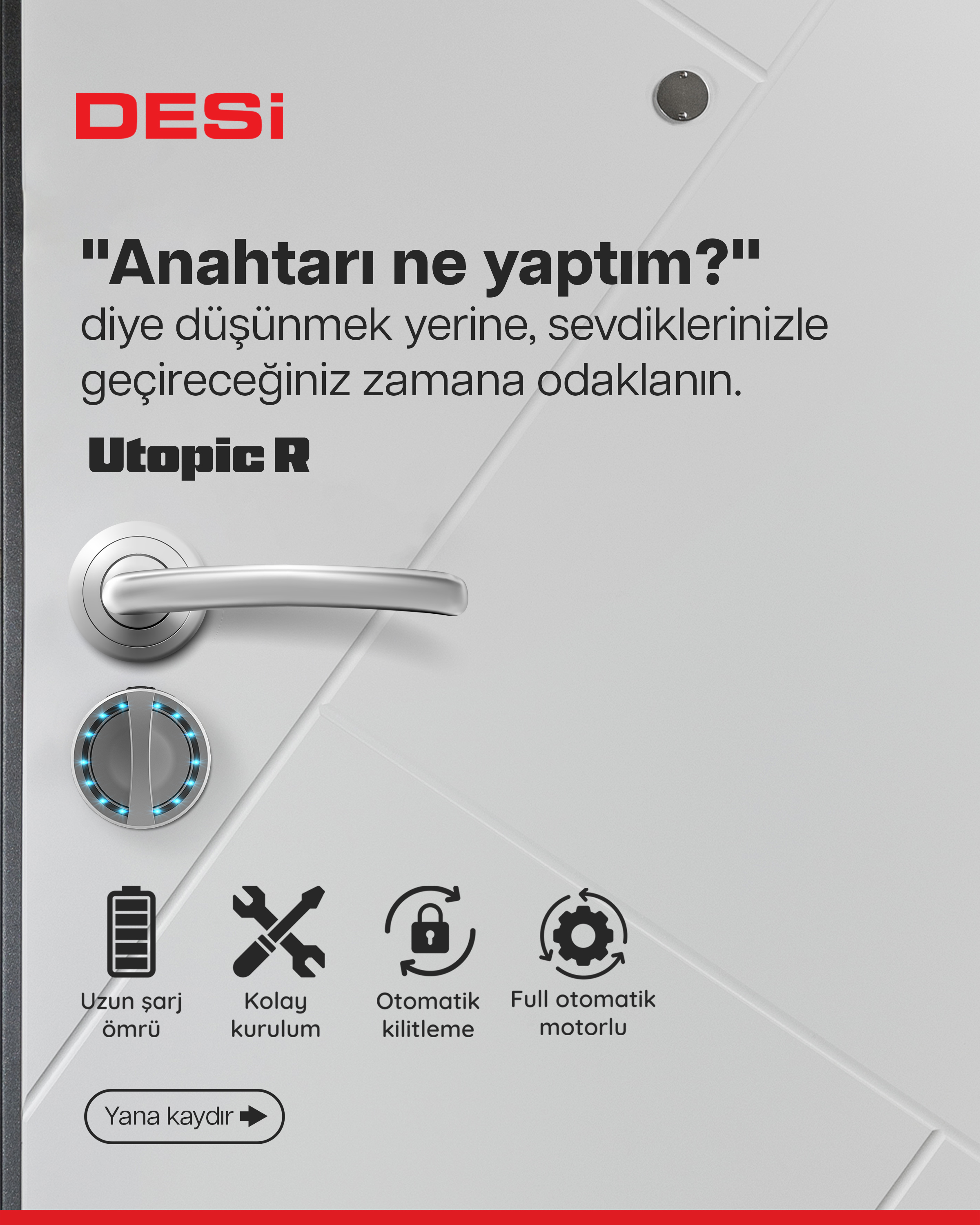 Dijital kilitli kapı kolu, pil, alet, kilit ve dişli simgeleri.