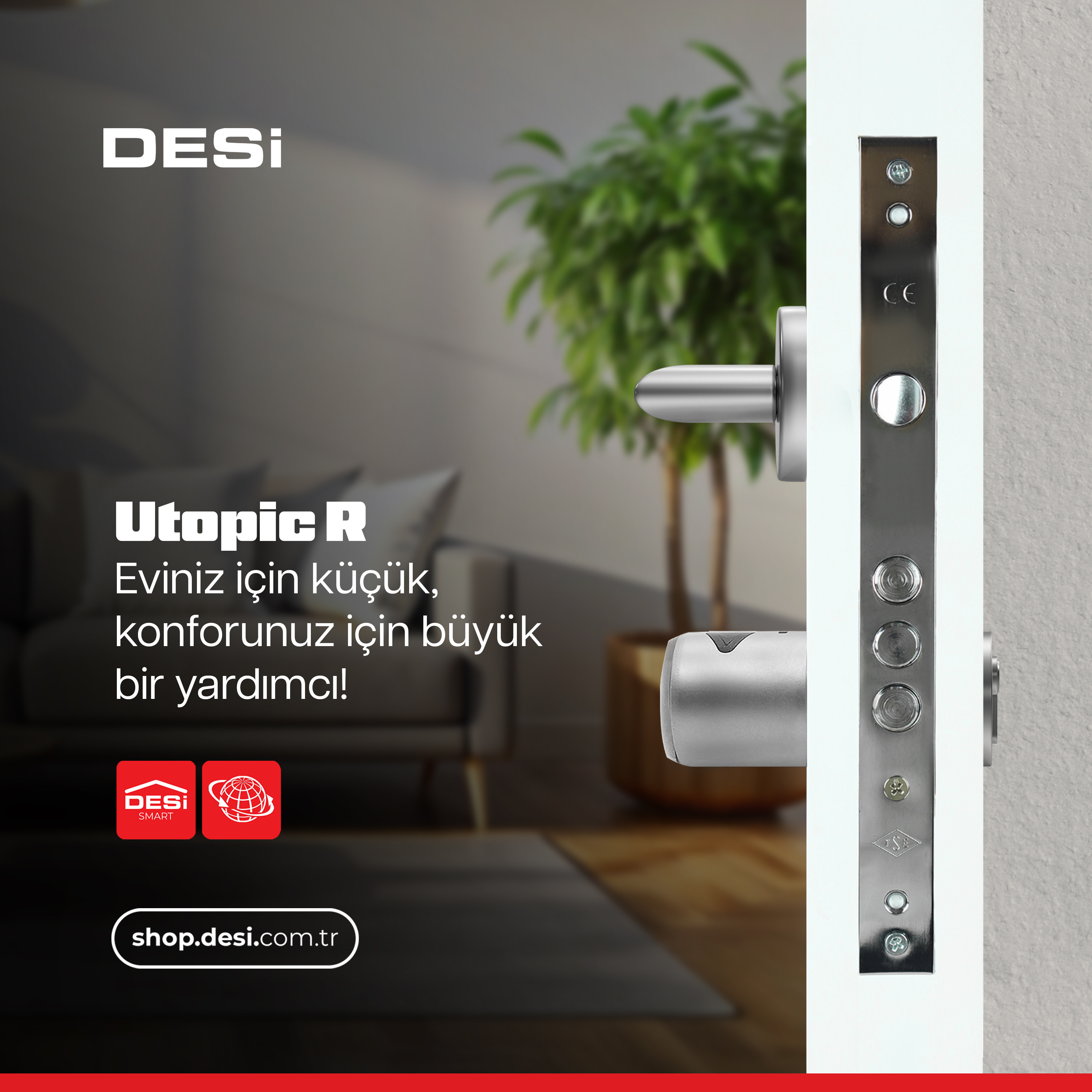 DESI Utopic R kapı kilidi, gümüş kulp ve CE işareti.