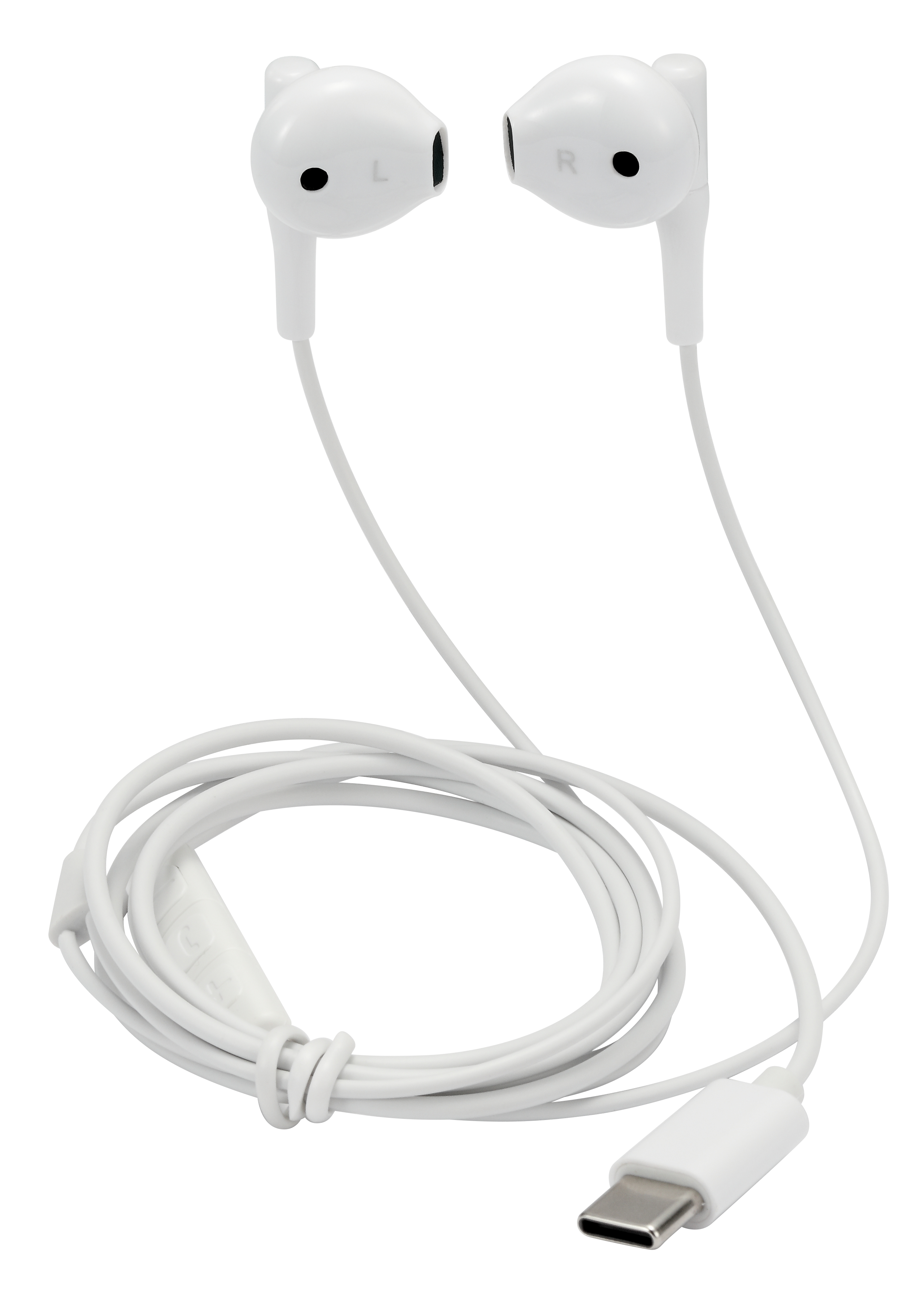Auricolari bianchi con connettore USB-C e telecomando in linea.
