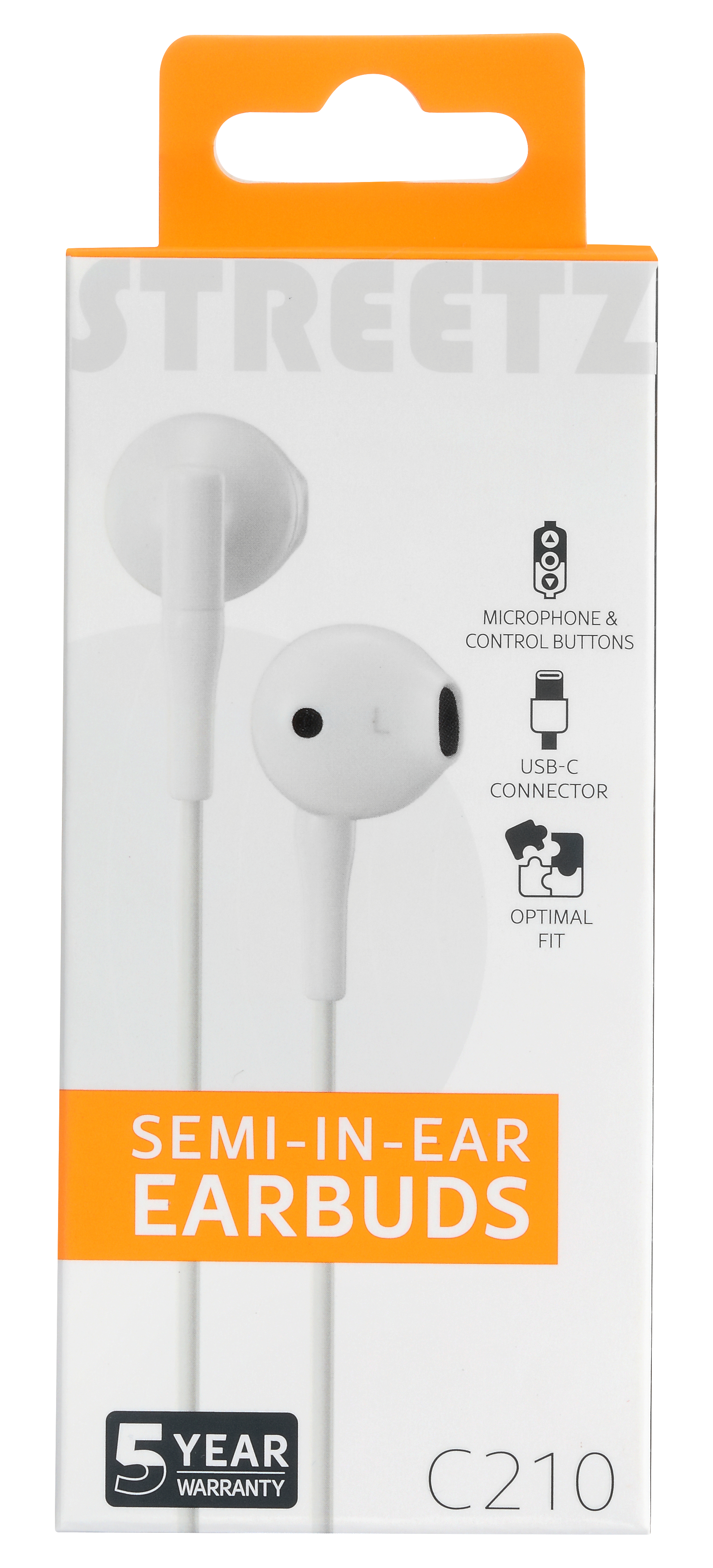 Confezione con auricolari semi-in-ear bianchi, connettore USB-C e garanzia di 5 anni.