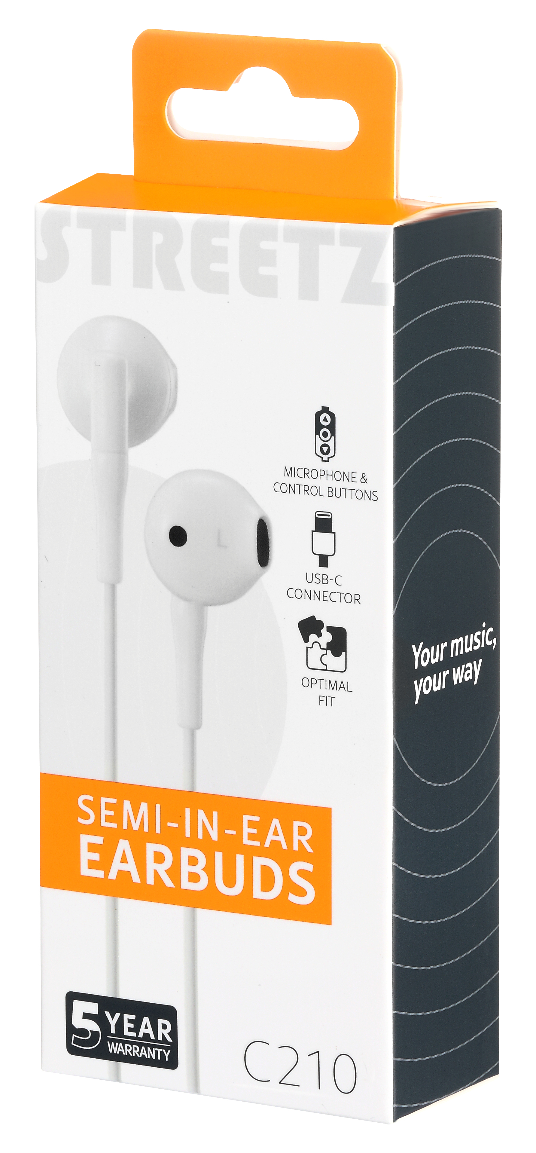 Auricolari bianchi semi-in-ear in confezione con connettore USB-C e garanzia.