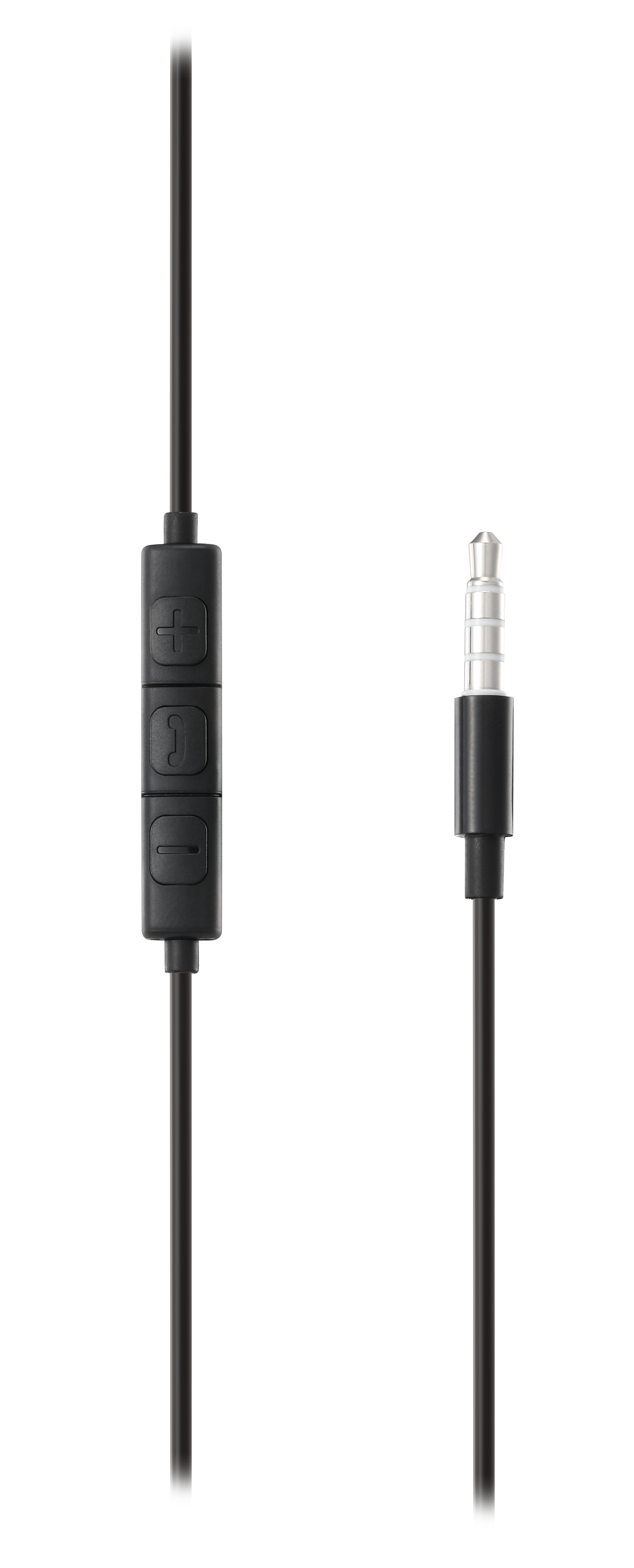Cavo nero con pulsanti volume e spina jack da 3,5 mm.