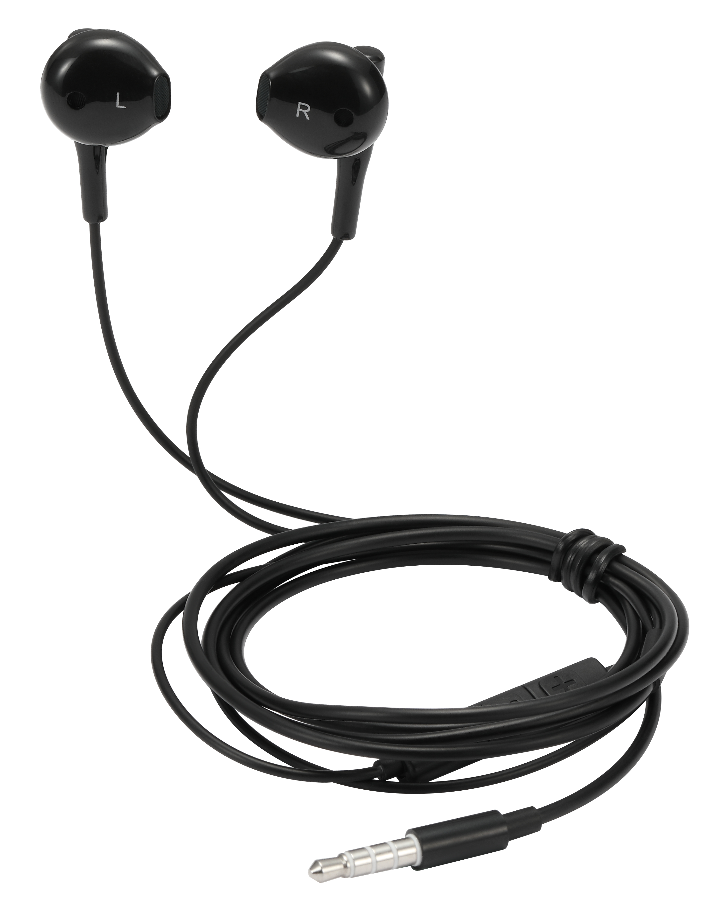 Auricolari neri in-ear con cavo, jack da 3,5 mm e microfono.
