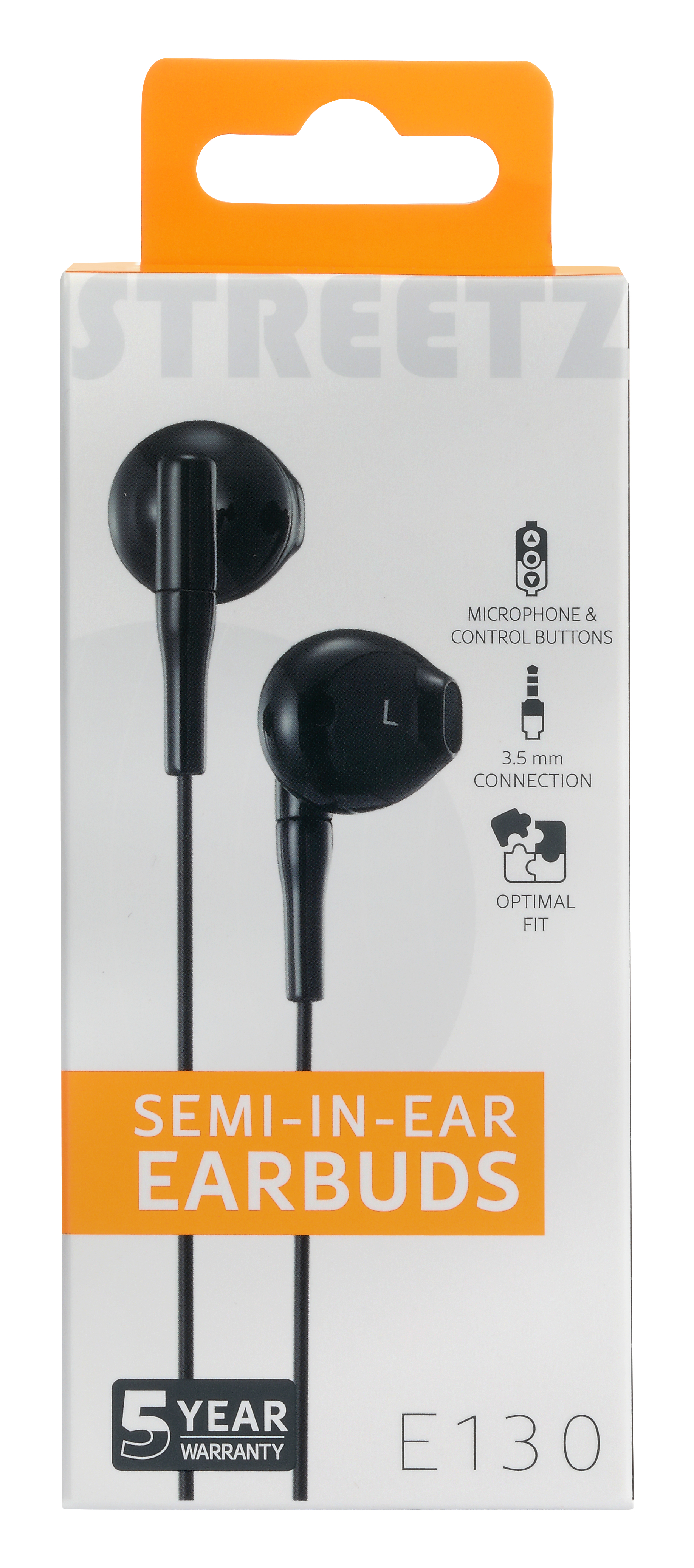 Confezione auricolari in-ear Streetz con auricolari neri, icone microfono e jack 3.5mm.