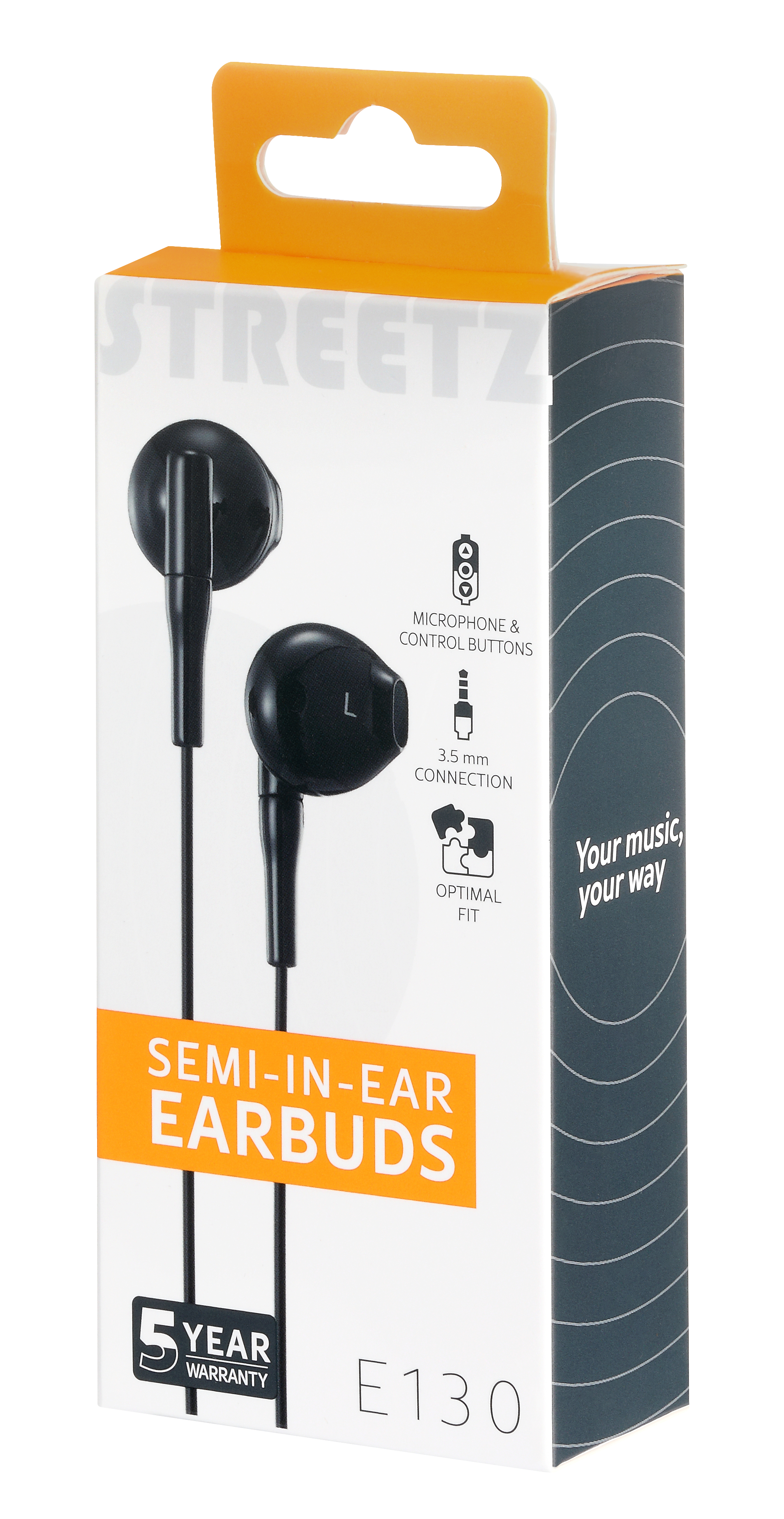 Confezione di auricolari neri Streetz con microfono e jack da 3,5 mm.