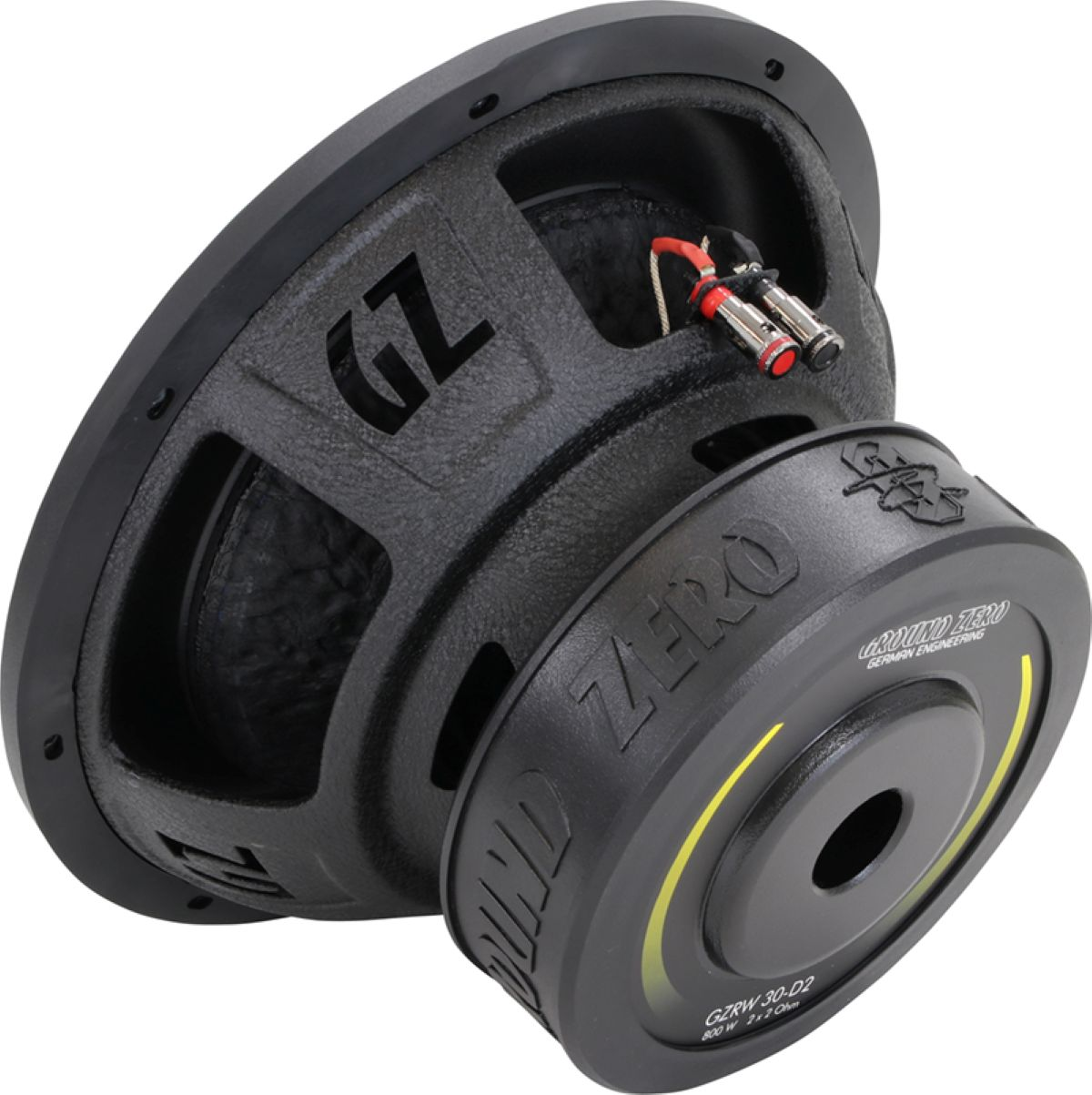 Schwarzer Subwoofer mit GZ-Logo und gelbem Akzent. Kabelanschlüsse sichtbar.